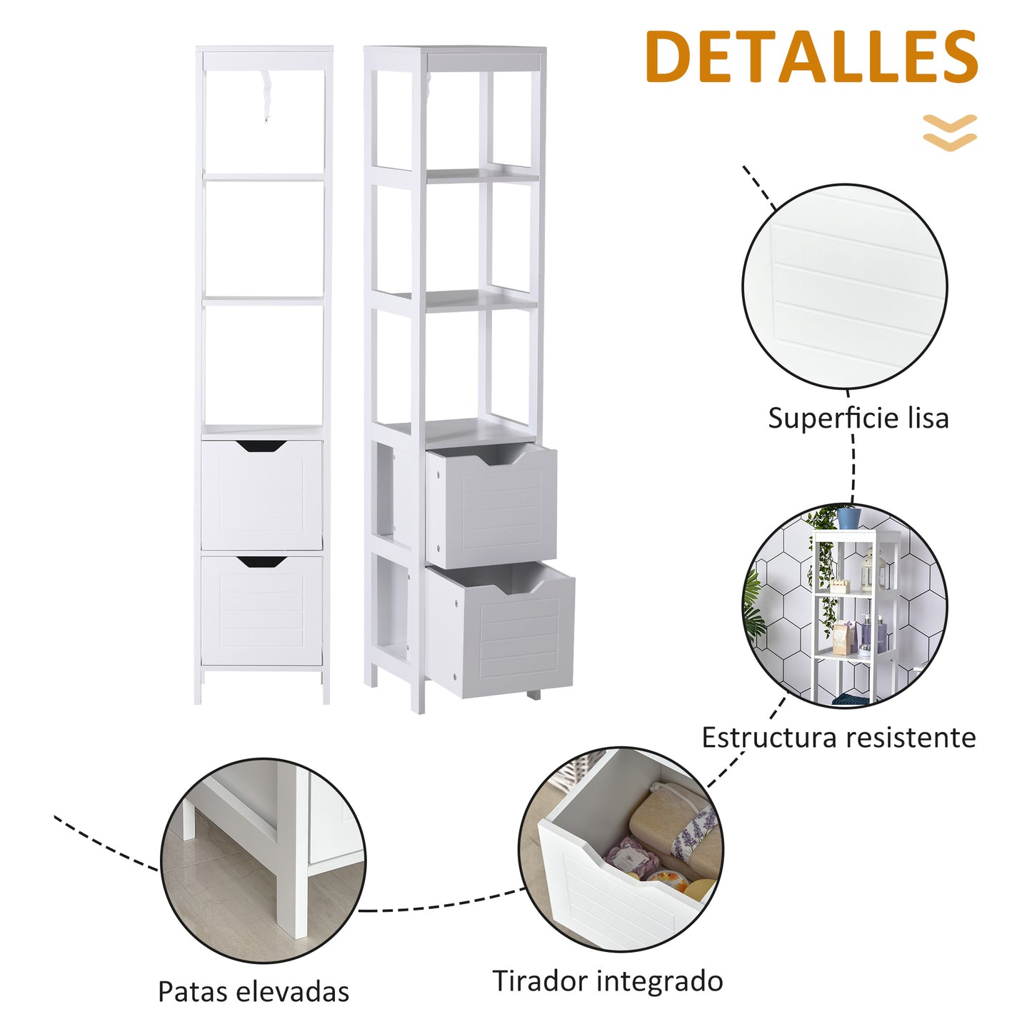 kleankin Armario Alto de Baño Multiusos Mueble Columna con 3 Estantes Abiertos y 2 Cajones de Almacenaje Diseño Antivuelco 30x30x144 cm Blanco