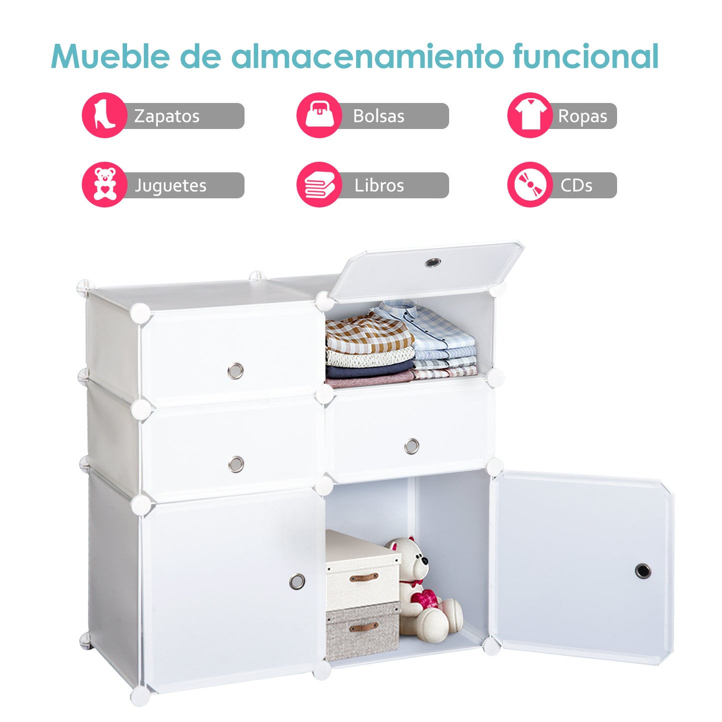 HOMCOM Armario Modular Plástico Estantería 6 Cubos Ropero Zapatero Aparador Combinado Pegatinas Adhesivas Decorativas Ropero Zapatero Combinado Mueble Organizador Ropa Zapatos Accesorios Juguetes