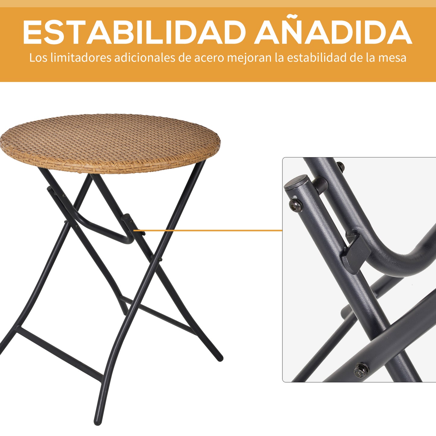 Outsunny Conjunto de Mesa y 2 Sillas Plegables de Ratán con Respaldo para Jardín Terraza Exterior Estructura de Acero Ø60x71 cm y 46x56x83 cm Madera Natural