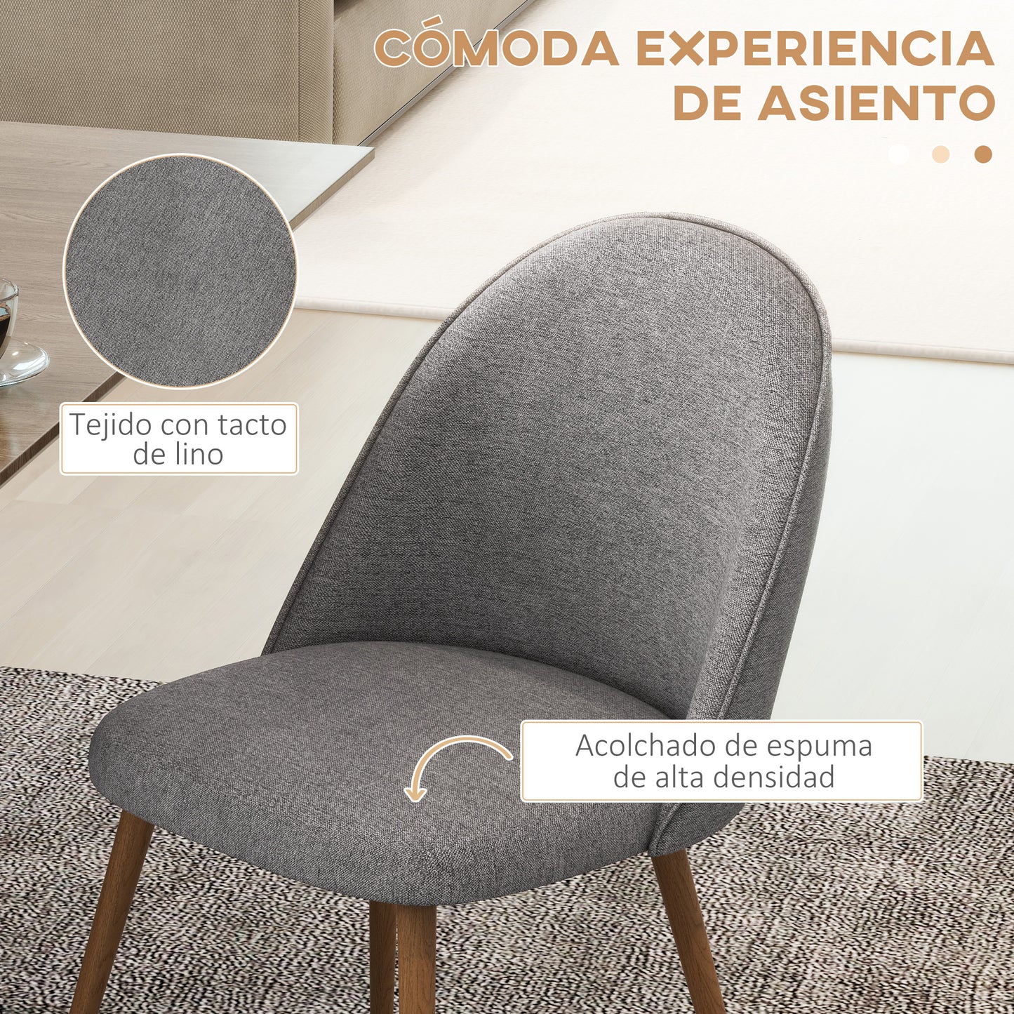 HOMCOM Pack de 2 Sillas de Comedor Sillas de Cocina Tapizadas de Tela de Lino con Patas de Acero para Salón Dormitorio Carga 120 kg 50x52x83 cm Gris