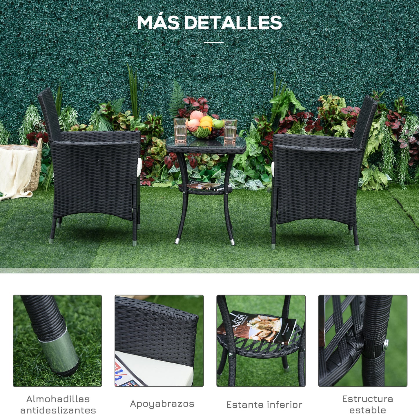 Outsunny Conjunto de Muebles para Jardín Juegos de Muebles de Ratán Incluye 1 Mesa y 2 Sillones con Cojines Estructura de Metal para Terraza Patio Negro