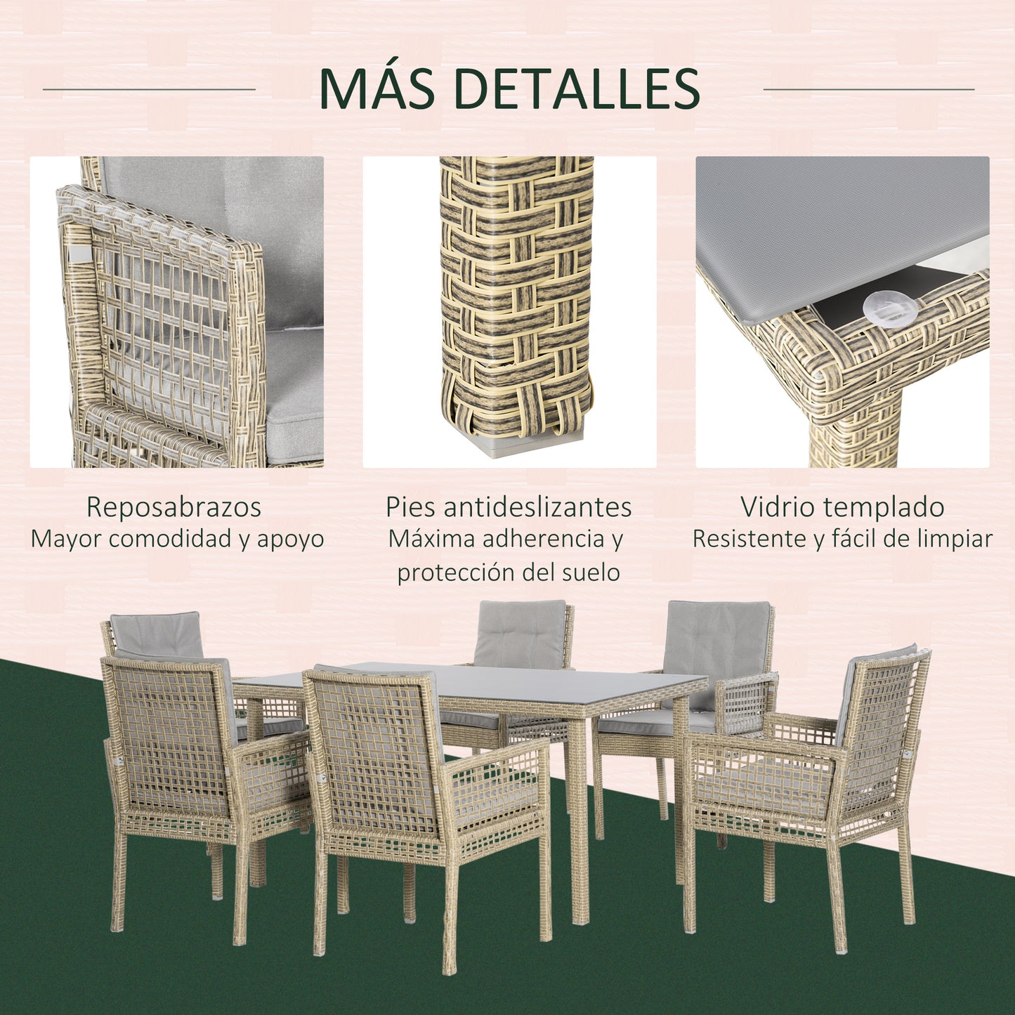 Outsunny Conjunto de Muebles de Comedor para Jardín 7 Piezas 1 Mesa de Vidrio y 6 Sillas de Ratán con Respaldo Transpirable y Cojines Acolchados para Terraza Exterior Gris y Natural