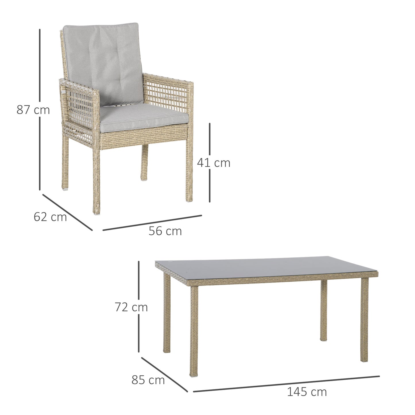 Outsunny Conjunto de Muebles de Comedor para Jardín 7 Piezas 1 Mesa de Vidrio y 6 Sillas de Ratán con Respaldo Transpirable y Cojines Acolchados para Terraza Exterior Gris y Natural