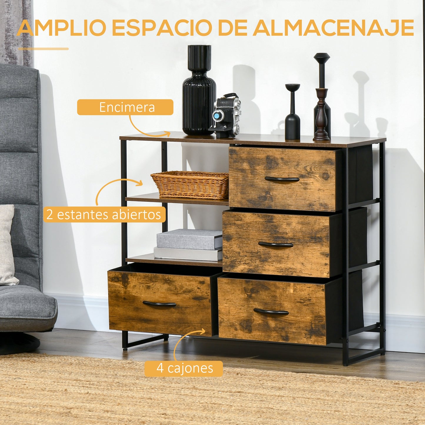 HOMCOM Cómoda Cajonera Cómoda de Madera con 4 Cajones de Tela Plegable y Estante Abierto para Salón Oficina Dormitorio Estilo Industrial Antivuelco 84x30x71,5 cm Marrón Rústico