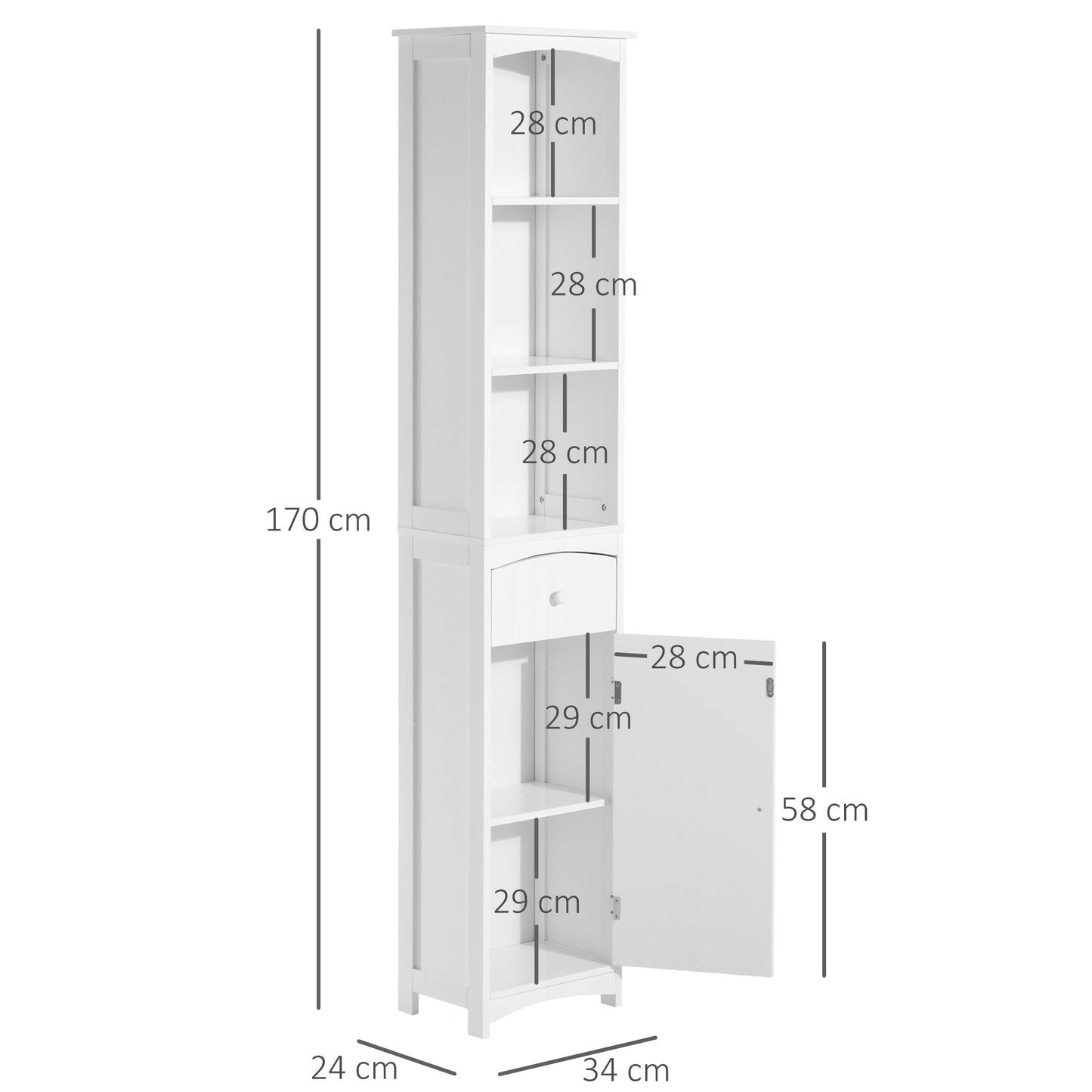 HOMCOM Mueble Armario Columna Multiusos Blanco para Cuarto de Baño con Estanterías 34x24x170cm 3 Estantes 1 Puerta y 1 Cajón