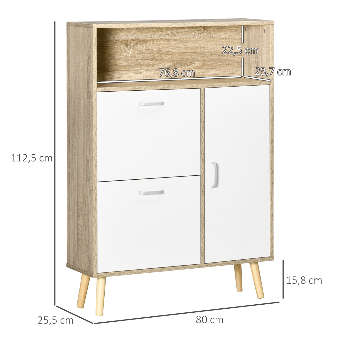 HOMCOM Mueble Zapatero para 8 Pares de Zapatos Armario de Zapatos con 2 Cajones Abatibles Estante Abierto y Puerta para Pasillo Entrada 80x25,5x112,5 cm Natural y Blanco