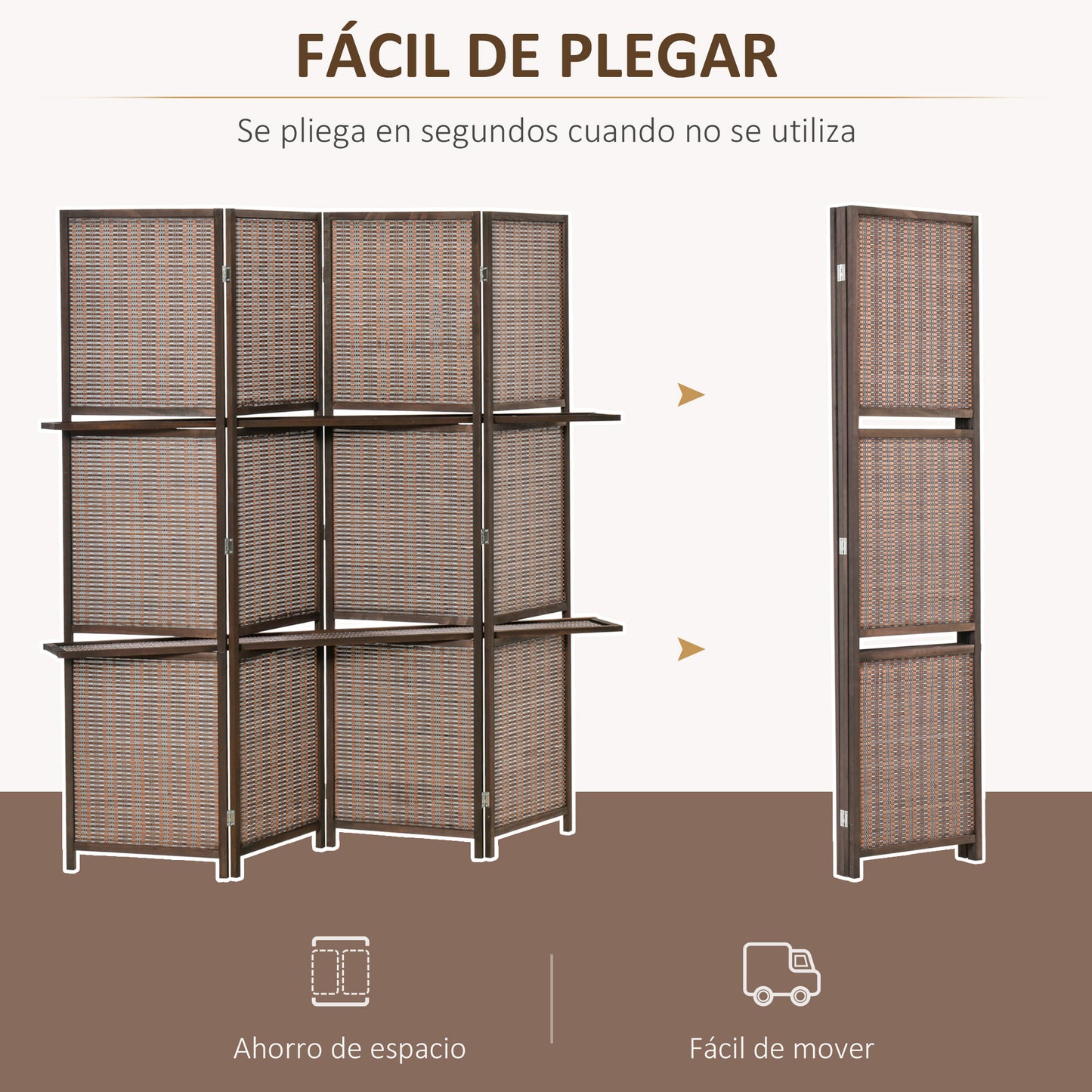 HOMCOM Biombo de 4 Piezas de Bambú Biombo Separador de Ambientes Plegable con 2 Estantes Extraíbles Divisor de Habitaciones Dormitorio 180x180 cm Marrón