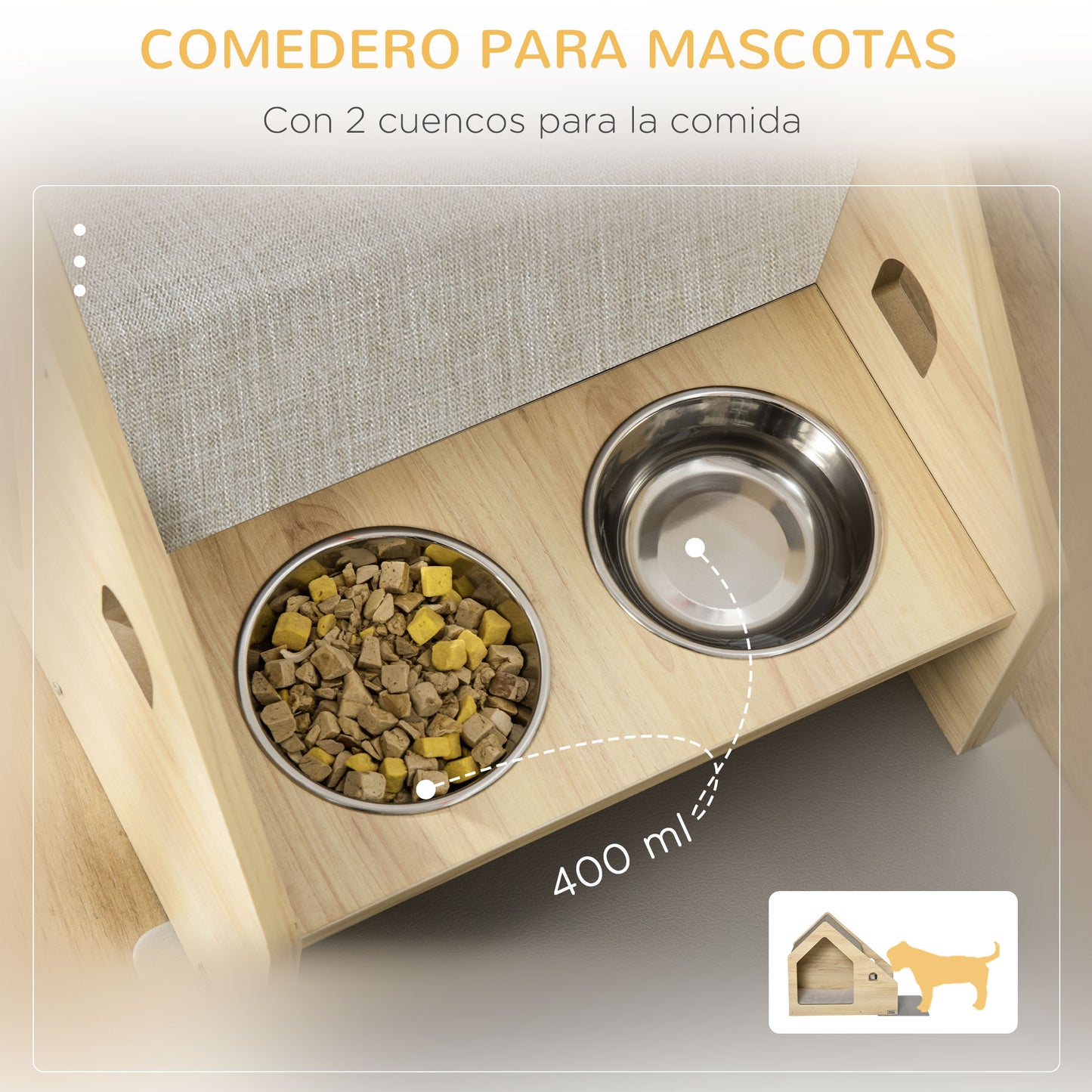 PawHut Caseta para Perros de Madera Cama de Interior para Cachorros con Comedero 2 Cuencos de Acero Inoxidable y Cojín Suave Desenfundable 62x40x54 cm Roble y Gris