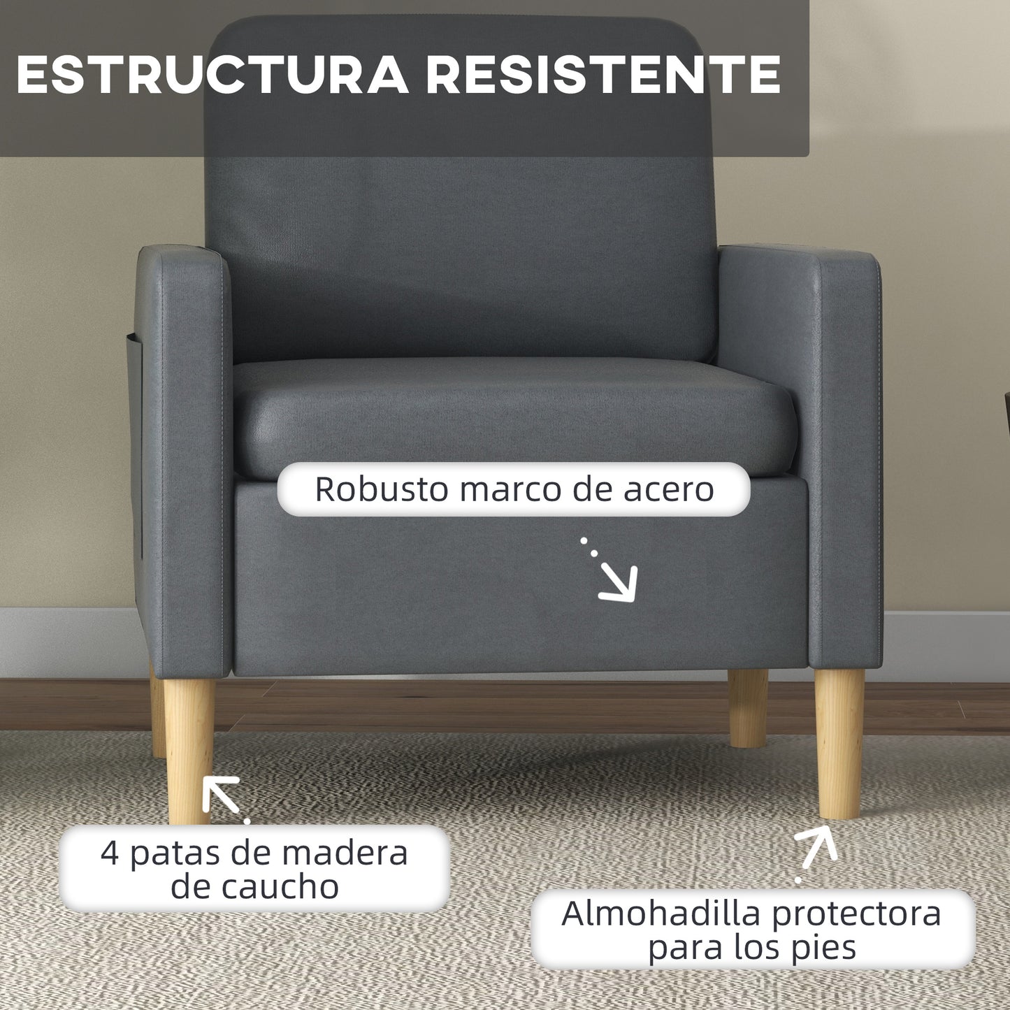 HOMCOM Butaca de Salón Sillón Relax con 2 Bolsillos Laterales Reposabrazos Asiento Acolchado y Patas de Madera Sofá Individual de Moderno para Dormitorio 73x79x87 cm Gris