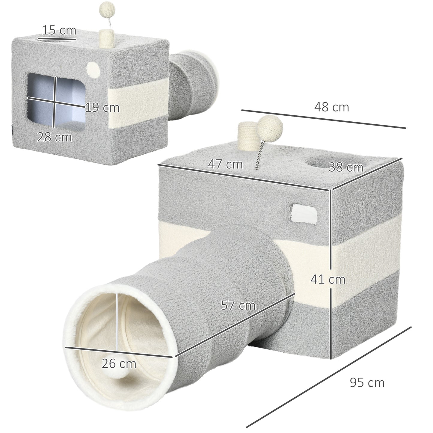 PawHut Túnel para Gatos con Cueva Tubo de Juguete para Mascotas con Orificio Superior Puerta Delantera Poste de Sisal y Bola Colgante 48x95x58 cm Gris