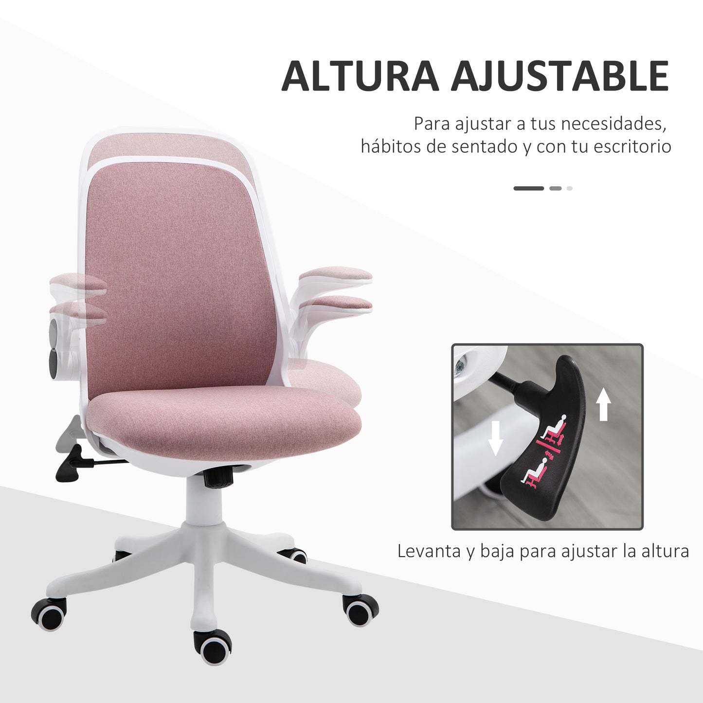 Vinsetto Silla Giratoria de Oficina Silla de Escritorio Basculante Altura Ajustable con Reposabrazos Elevable Carga 120 kg para Despacho Dormitorio 62,5x60x94-104 cm Rosa