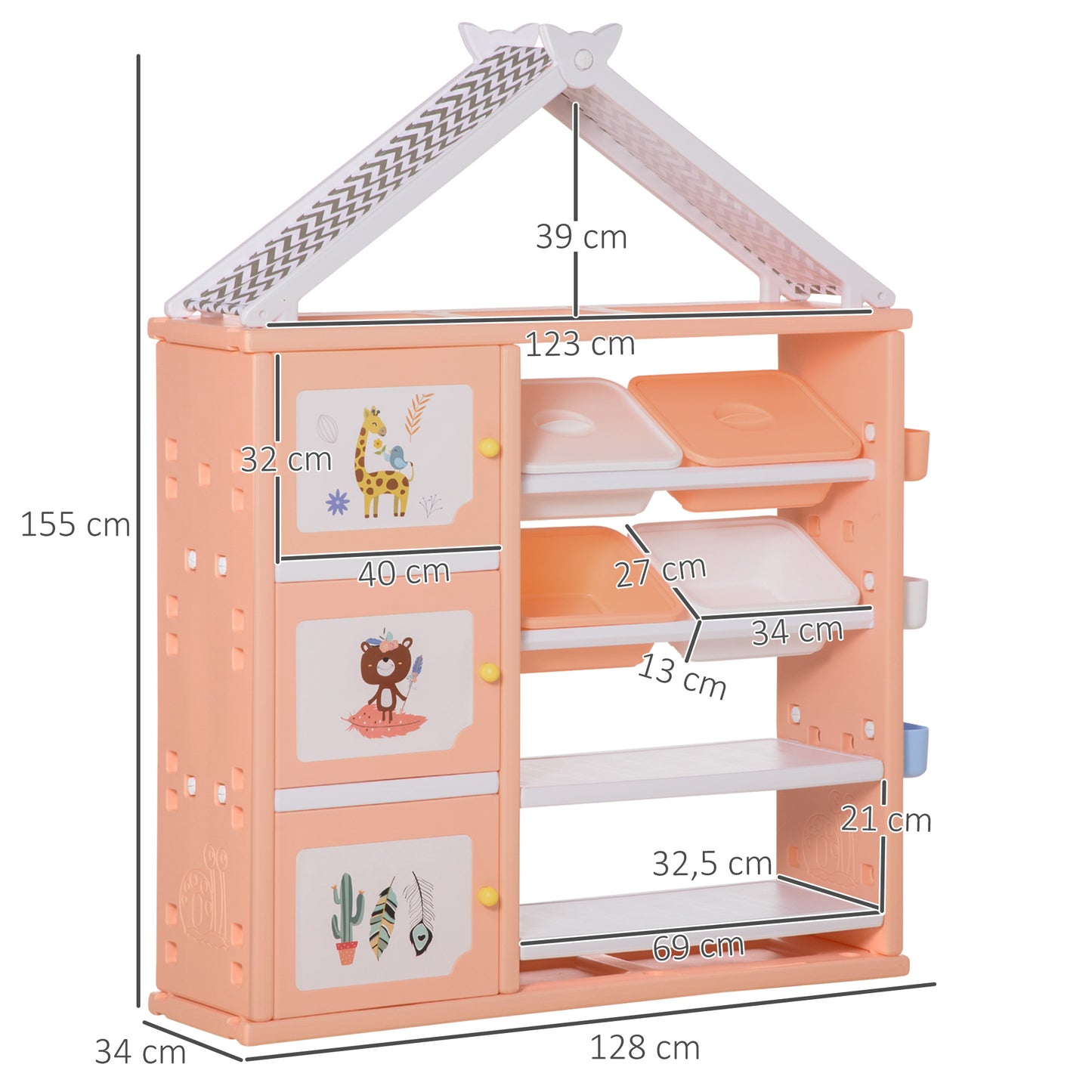 HOMCOM Estantería Infantil de Juguetes con Armario Estantes 4 Cajas y 3 Cestas Organizador de Almacenaje para Habitación de Niños Sala Juegos 128x34x155 cm Naranja Pastel