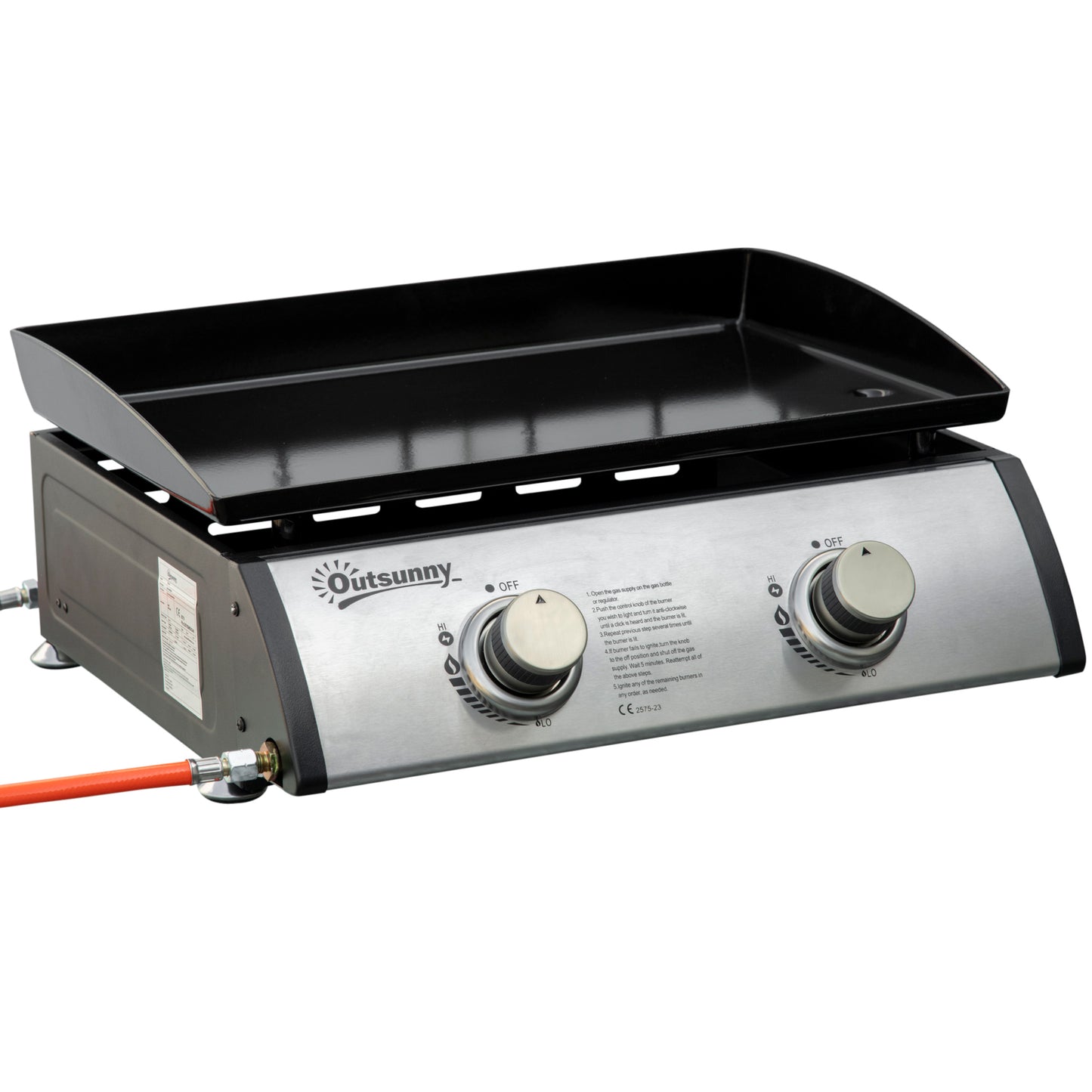 Outsunny Plancha de Gas Sobremesa con 2 Quemadores de Acero Inoxidable 6kW Barbacoa Portátil con Plancha para Picnic Camping 48,5x46x21cm Negro Plata