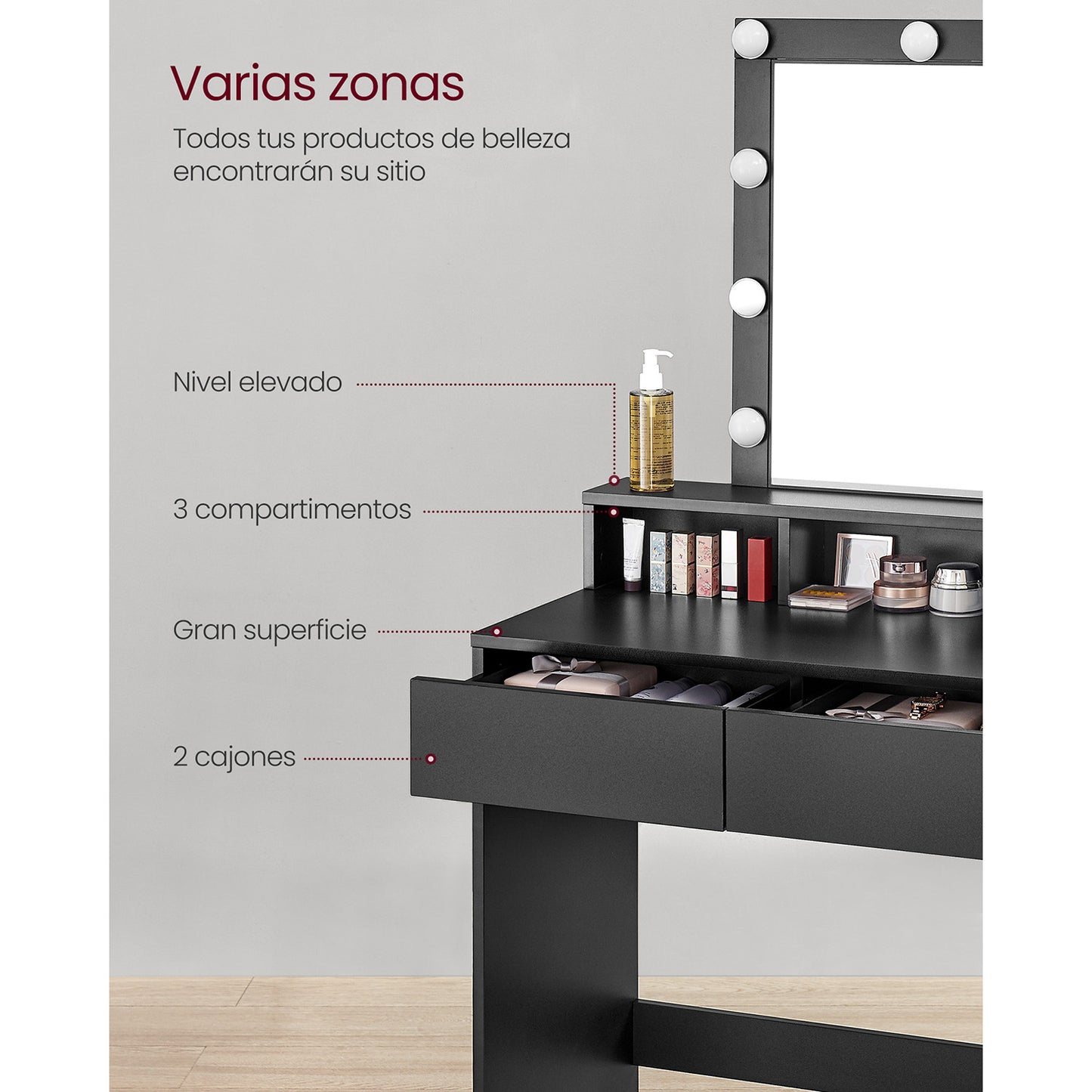 Tocador Luces LED con Brillo Ajustable Mesa de Maquillaje con Espejo Moderno-VASAGLE