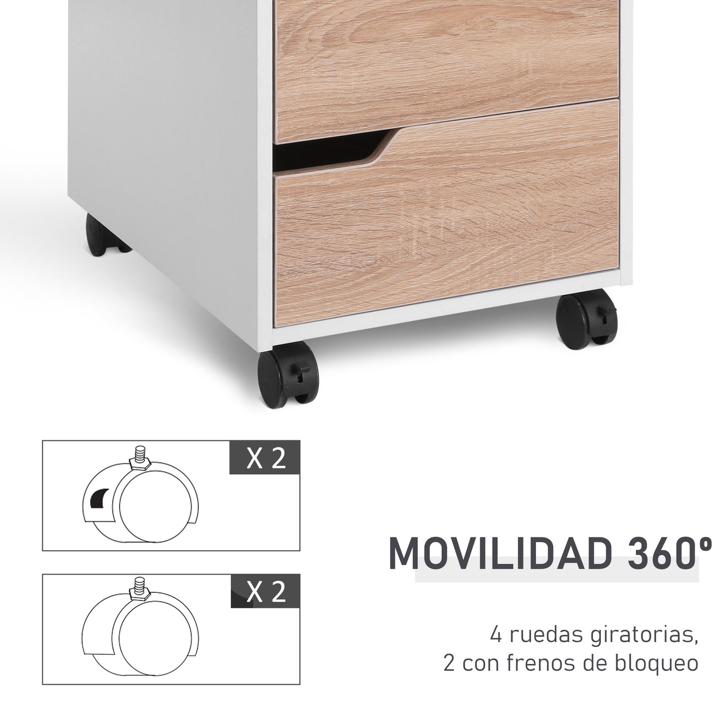 HOMCOM Armario Archivador Móvil para Oficina Cajonera Madera 3 Cajones Con Ruedas(2 con Frenos) 40x50x57.5cm MDF