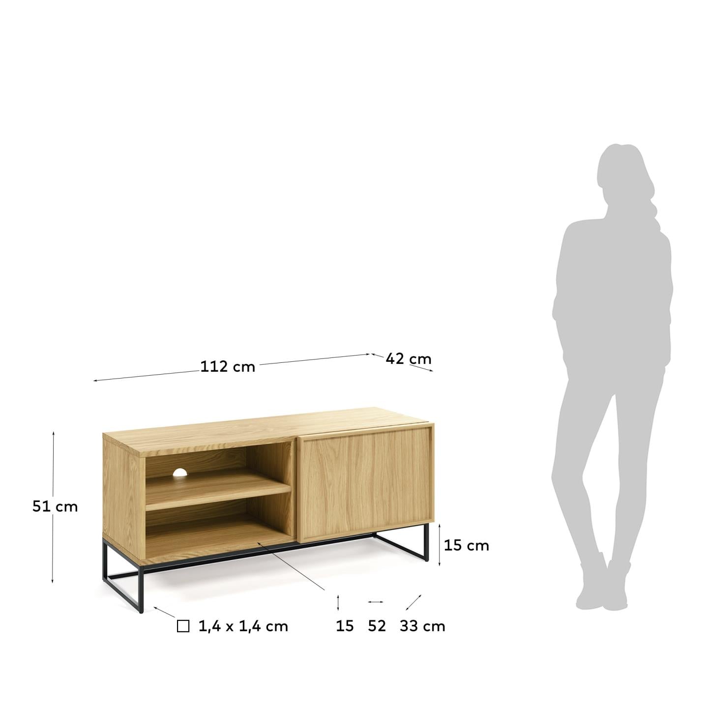 Mueble TV Taiana 1 puerta chapa de roble y estructura de acero acabado negro 112 x 51 cm