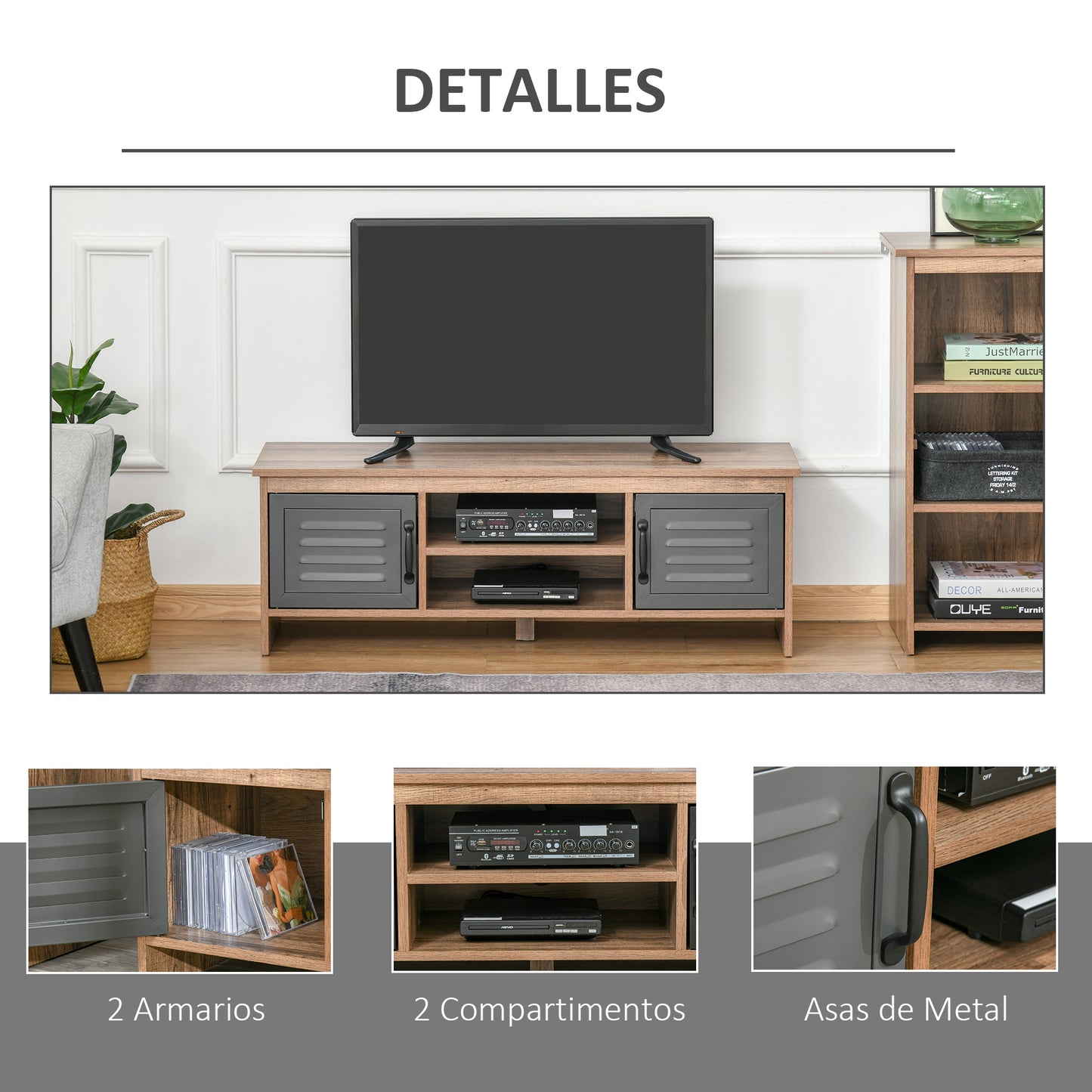 HOMCOM Mueble de TV para Televisores de 42" con 2 Compartimentos Cerrados con Puertas de Metal y 2 Estantes Abiertos Mueble de salón moderno Mesa para televisor 109x35x38 cm Madera Natural y Gris