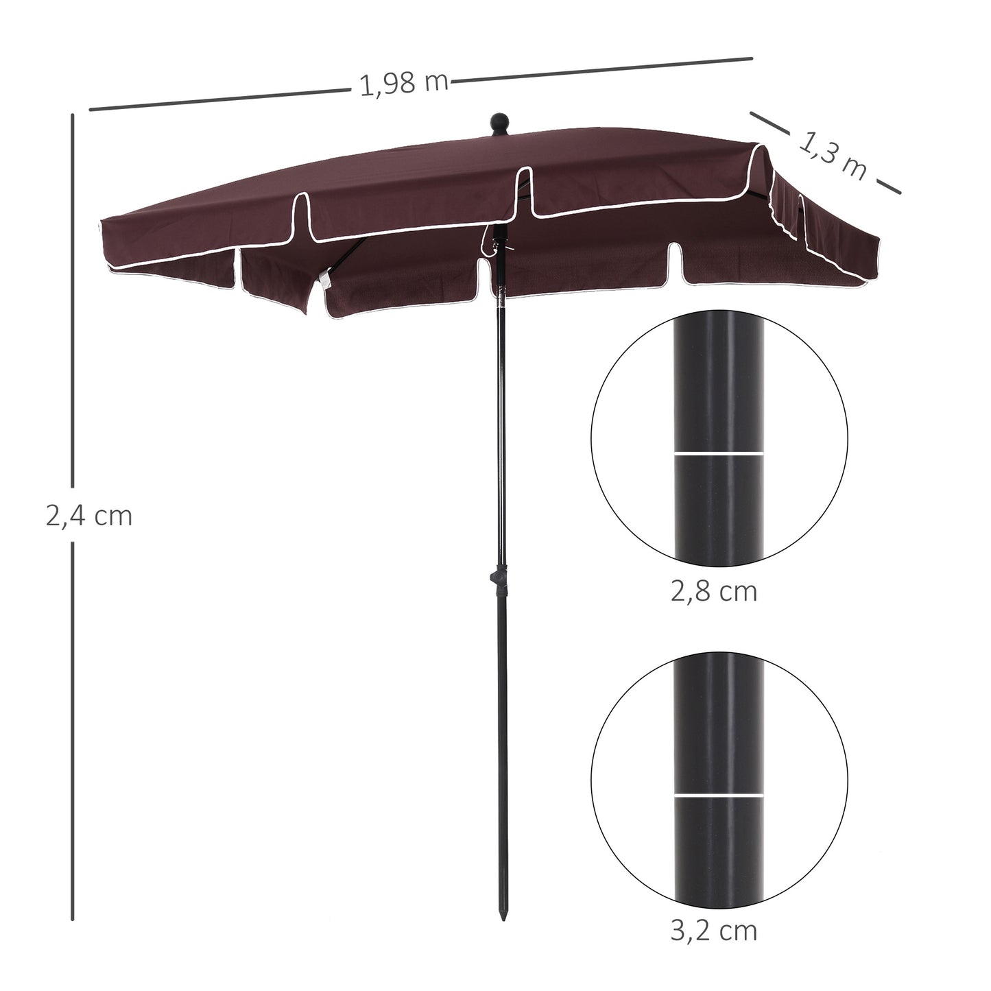 Outsunny Sombrilla de Jardín de Aluminio 198x130x245 cm Parasol de Jardín Rectangular con Función de Inclinación para Terraza Patio Exterior Café