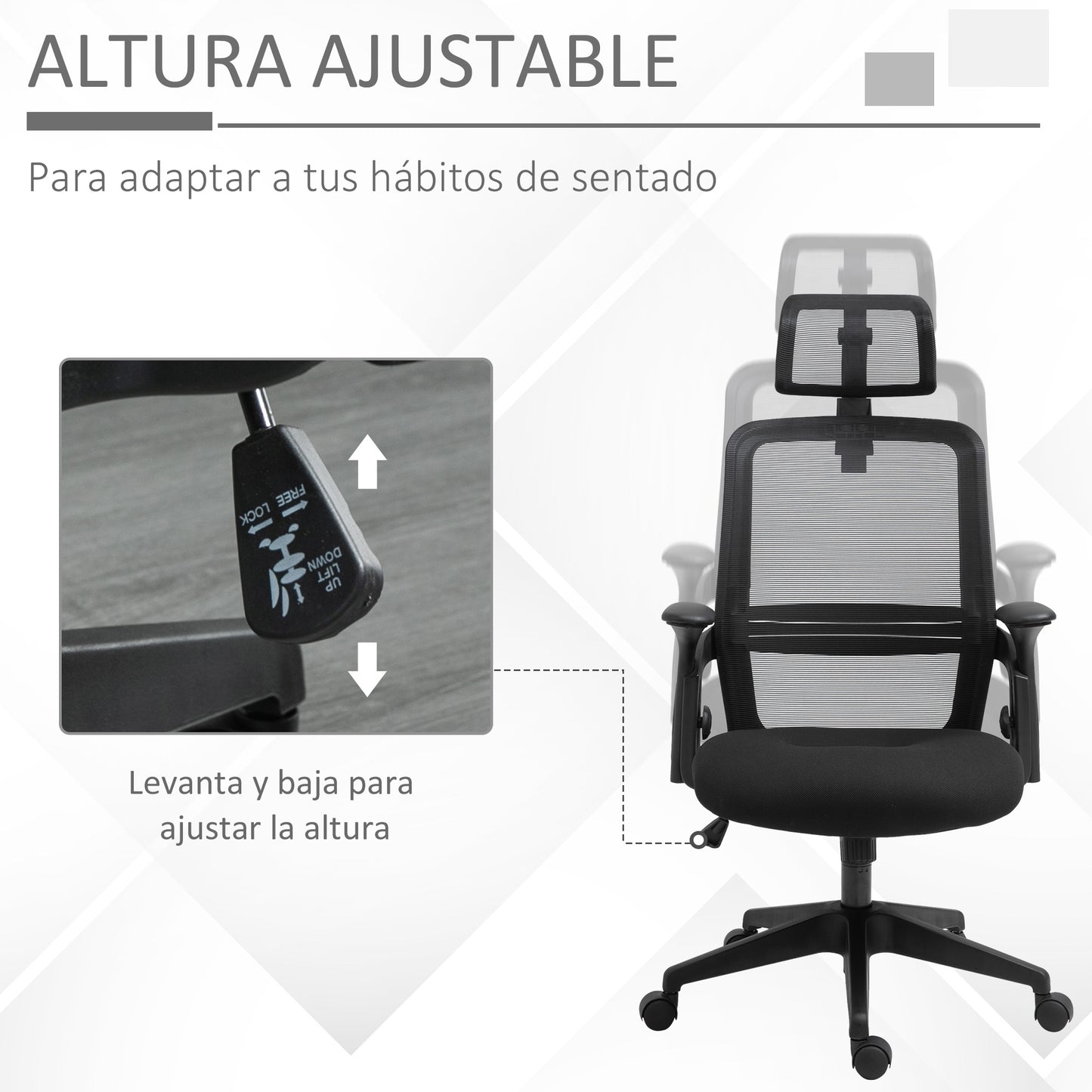 Vinsetto Silla de Oficina Ergonómica Silla de Malla con Altura Ajustable Reposacabezas Soporte Lumbar Regulables y Respaldo Transpirable 63,5x64,5x113-122 cm Negro