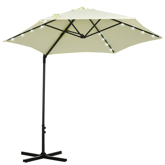 Outsunny Sombrilla de Jardín Ø256x248 cm Parasol de Terraza Manual con Luces LED Solares Poste Giratorio 360° y Ventilación Superior para Jardín Patio Piscina Beige