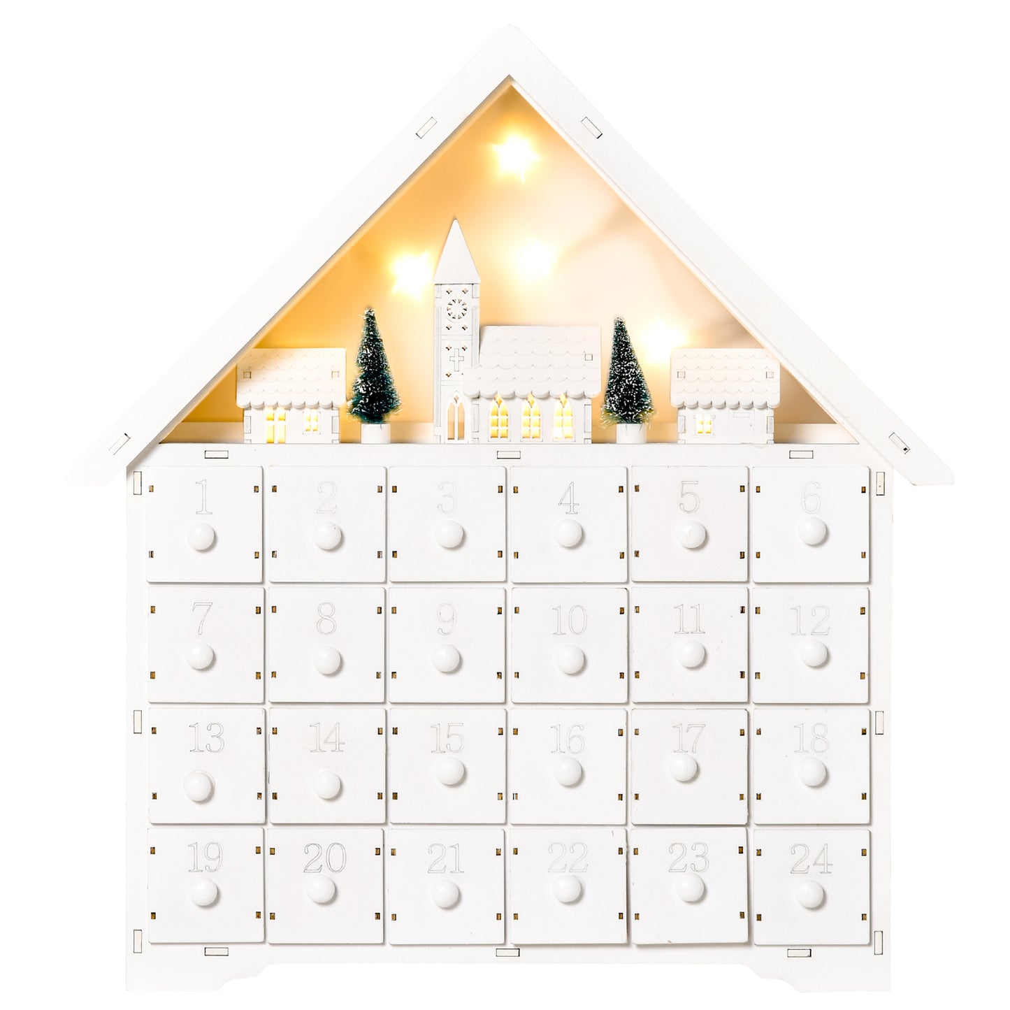 HOMCOM Calendario de Adviento de Navidad Madera con 24 Cajones y Luces LED Decoración Navideña Modelo Casita 39x9x42 cm Blanco