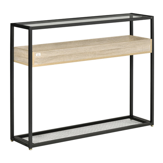 HOMCOM Mesa Consola de Entrada 108x28x85 cm Mueble Recibidor con Encimera de Cristal Estante y Rejilla Inferior Marco de Acero para Pasillo Salón Extremo del Sofá Negro