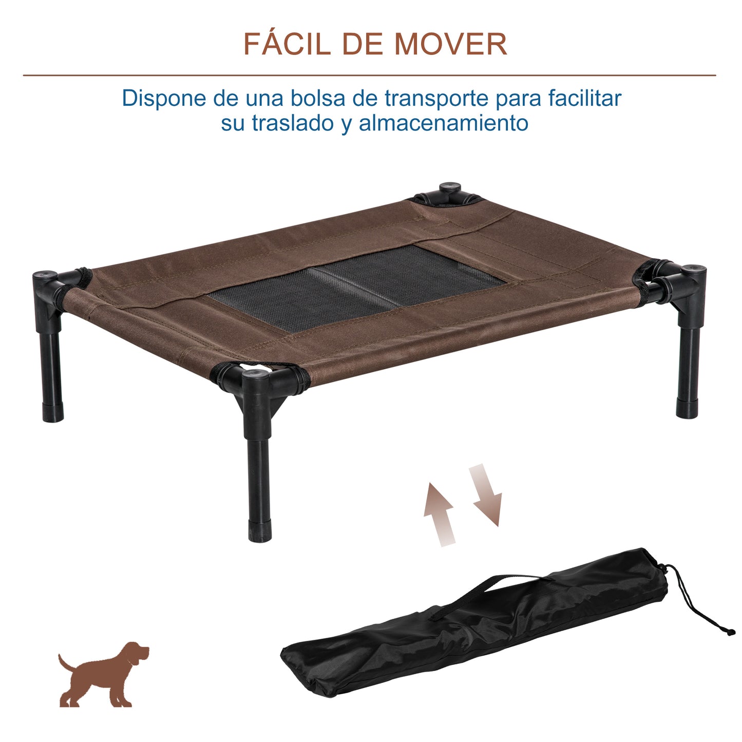 PawHut Cama Elevada para Perros Gatos Portátil Cama para Mascotas con Zona de Malla Transpirable y Tela Oxford para Interior Exterior 61x46x18 cm Marrón