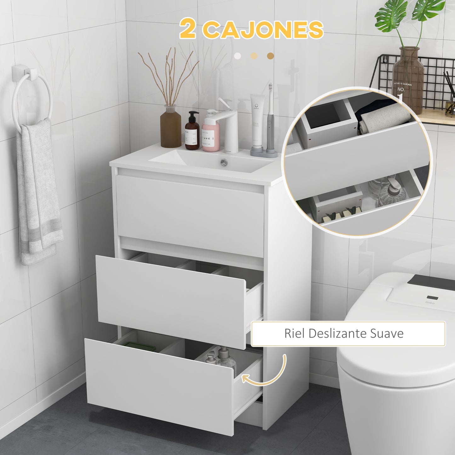 kleankin Mueble de Baño con Lavabo Armario de Baño Bajo Lavabo de Baño de Cerámica Sintética con 2 Cajones 61x37x88 cm Blanco Brillante