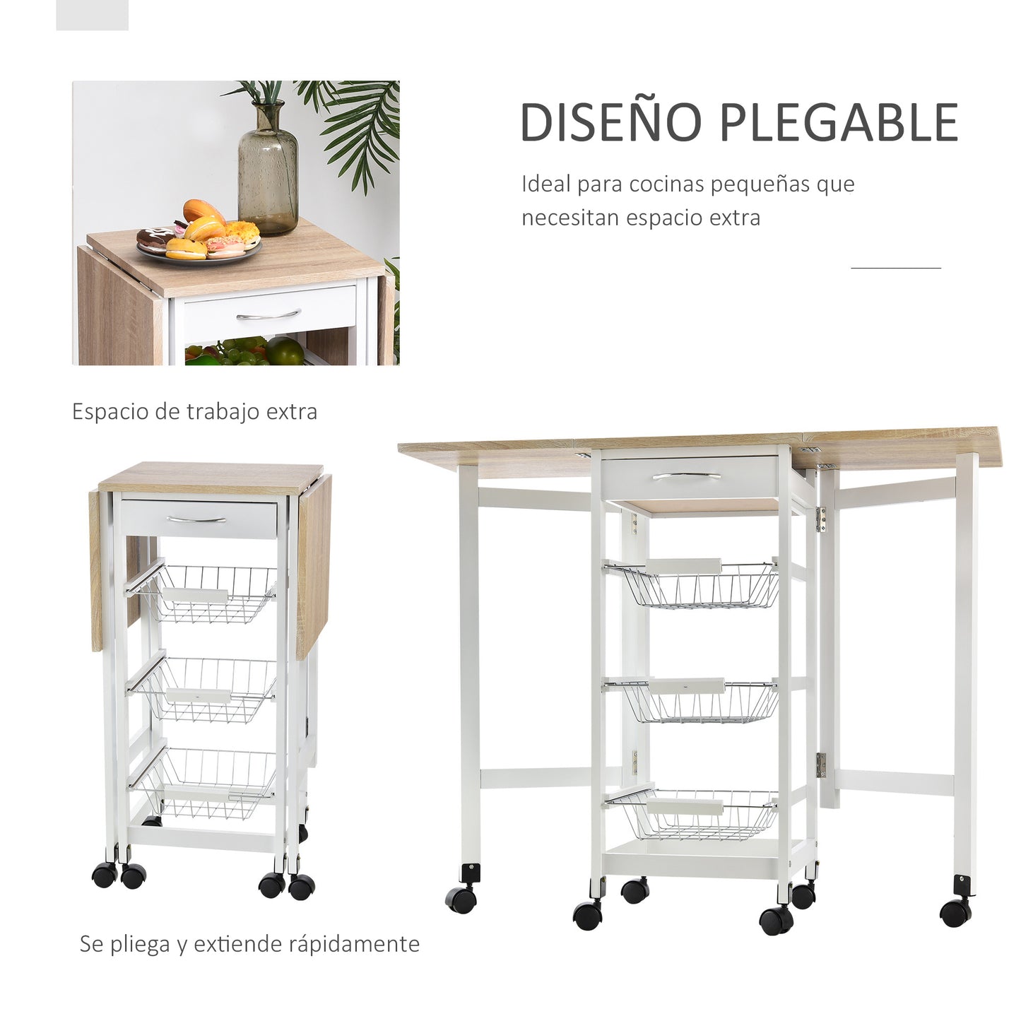 HOMCOM Carrito de Cocina Plegable Carrito Auxiliar con 6 Ruedas 1 Cajón y 3 Cesta de Metal Carro de Servicio Multifuncional para Almacenamiento Carga 50 kg 97,2x37x77,5 cm Blanco y Roble