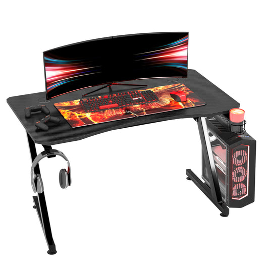 HOMCOM Mesa Gaming 120x65x74,5 cm Escritorio Ergonómico Gaming desk para Computadora PC con Portavasos Gancho para Auriculares y Pies Ajustables Efecto de Fibra de Carbono Negro