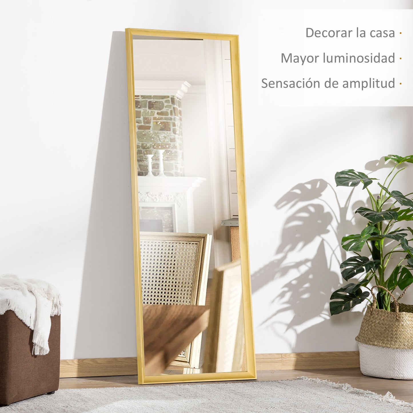 HOMCOM Espejo de Cuerpo Entero Moderno 163x53,5 cm Espejo de Pie Espejo de Suelo de Madera Colgar Vertical u Horizontal Decorativo para Salón Dormitorio Cocina Natural