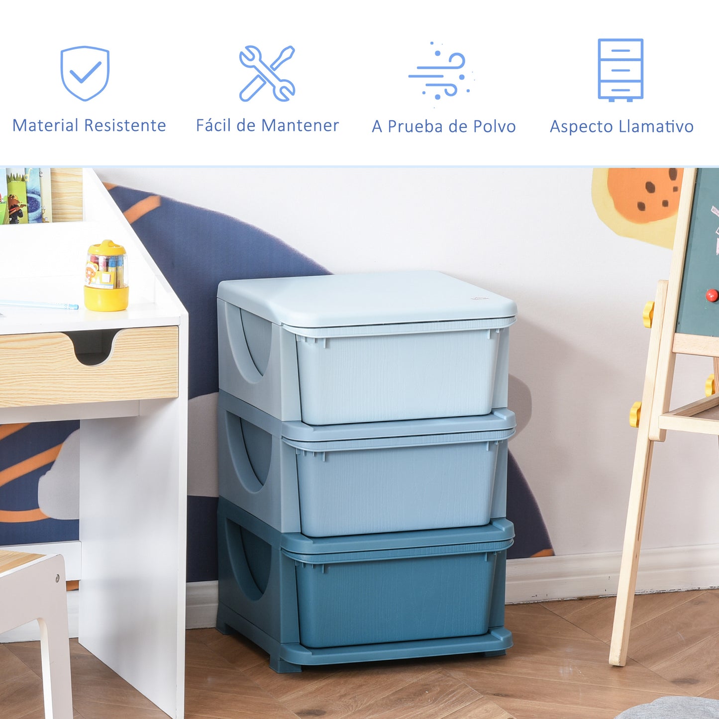 HOMCOM Torre de Almacenamiento Infantil con 3 Cajones Organizador de Juguetes para Niños +3 Años Gran Almacenaje con Asas para Juguetes Ropa Libros 37x37x56,5 cm Azul