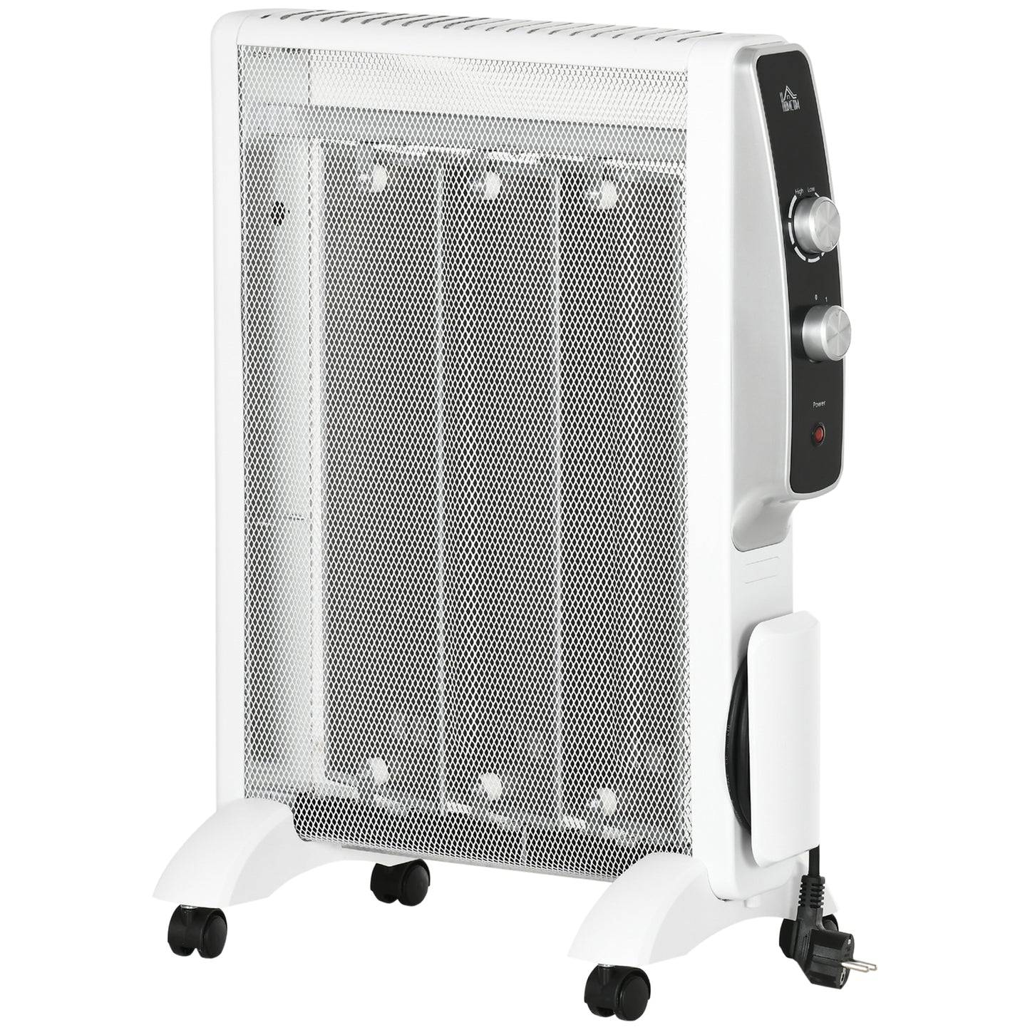 HOMCOM Calefactor Eléctrico 1000W/1500W Radiador de Mica con 2 Niveles de Potencia Termostato Regulable y 4 Ruedas para Sala de 15-18 m² Silencioso 47x26,5x61,5 cm Blanco