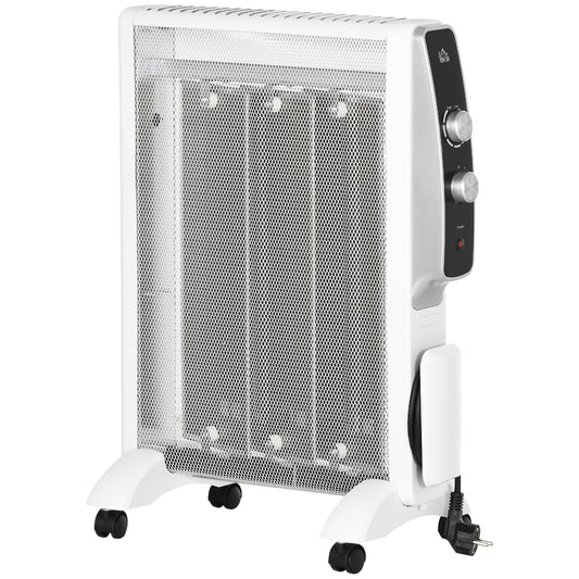 HOMCOM Calefactor Eléctrico 1000W/1500W Radiador de Mica con 2 Niveles de Potencia Termostato Regulable y 4 Ruedas para Sala de 15-18 m² Silencioso 47x26,5x61,5 cm Blanco