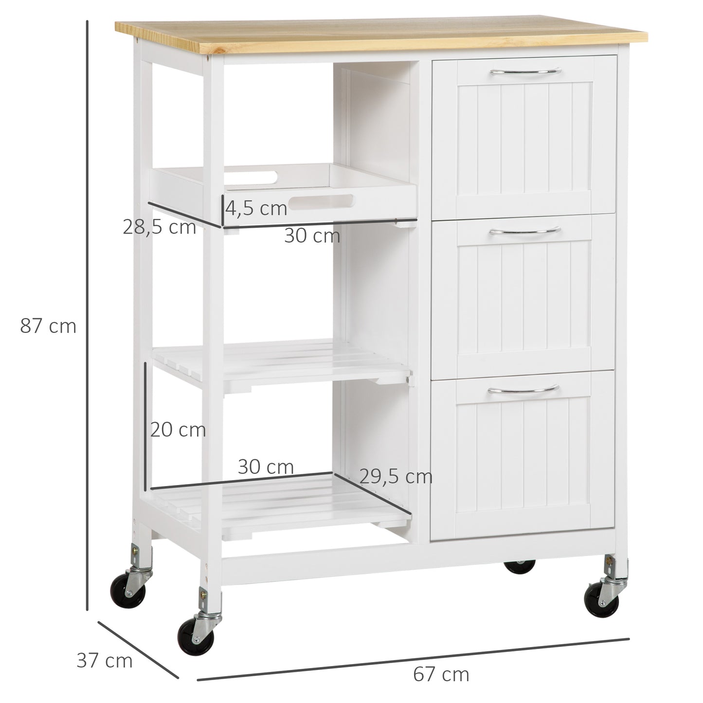 HOMCOM Carro de Cocina con Ruedas Carrito de Servicio con 3 Cajones 2 Estantes Abiertos y Bandeja Extraíble para Comedor Salón Carga 40 kg 67x37x87 cm Blanco