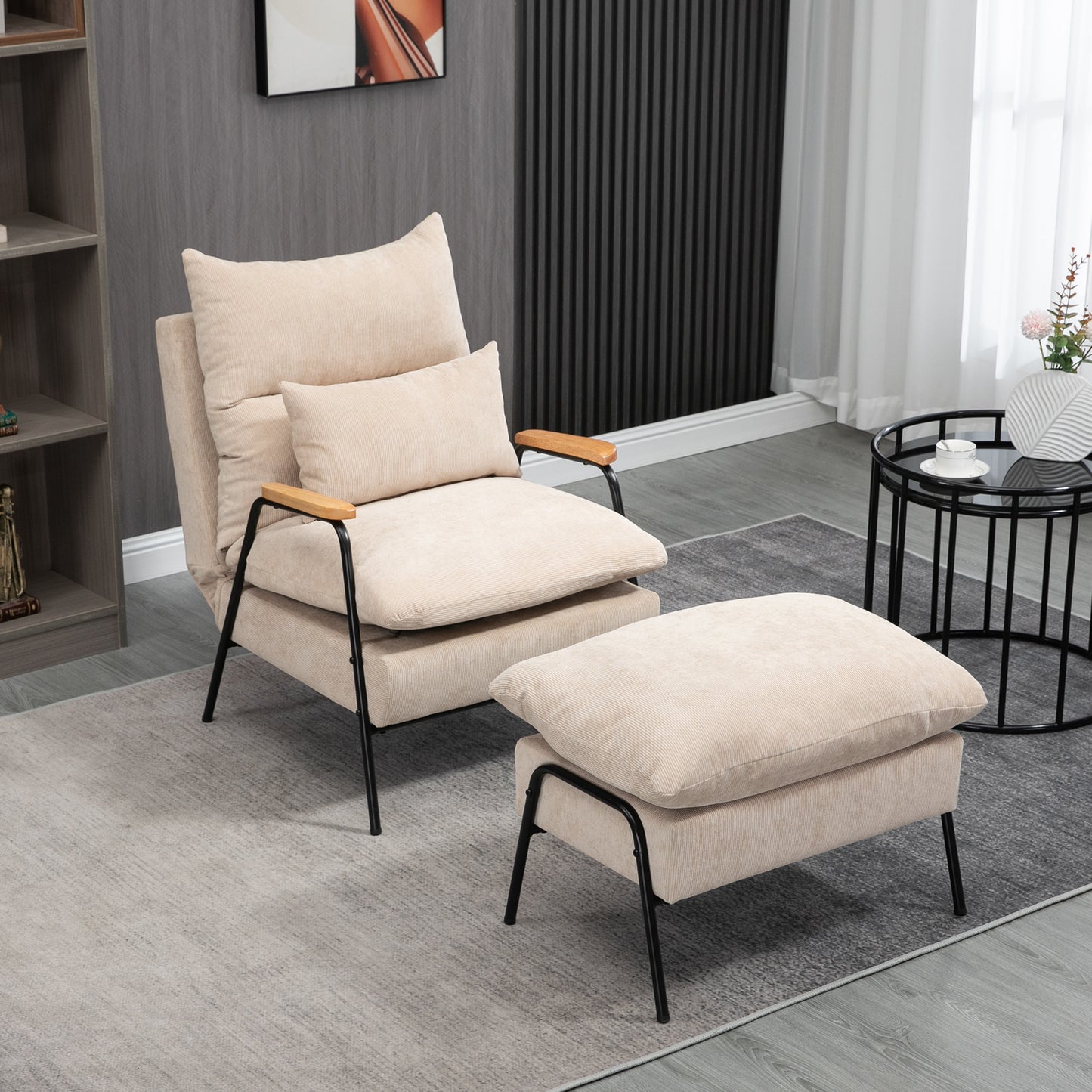 HOMCOM Sillón de Relax con Reposapiés Sillón Reclinable con Respaldo Ajustable Tapizado en Pana Marco de Acero y Cojines para Salón Dormitorio 68x91,5x88 cm Beige