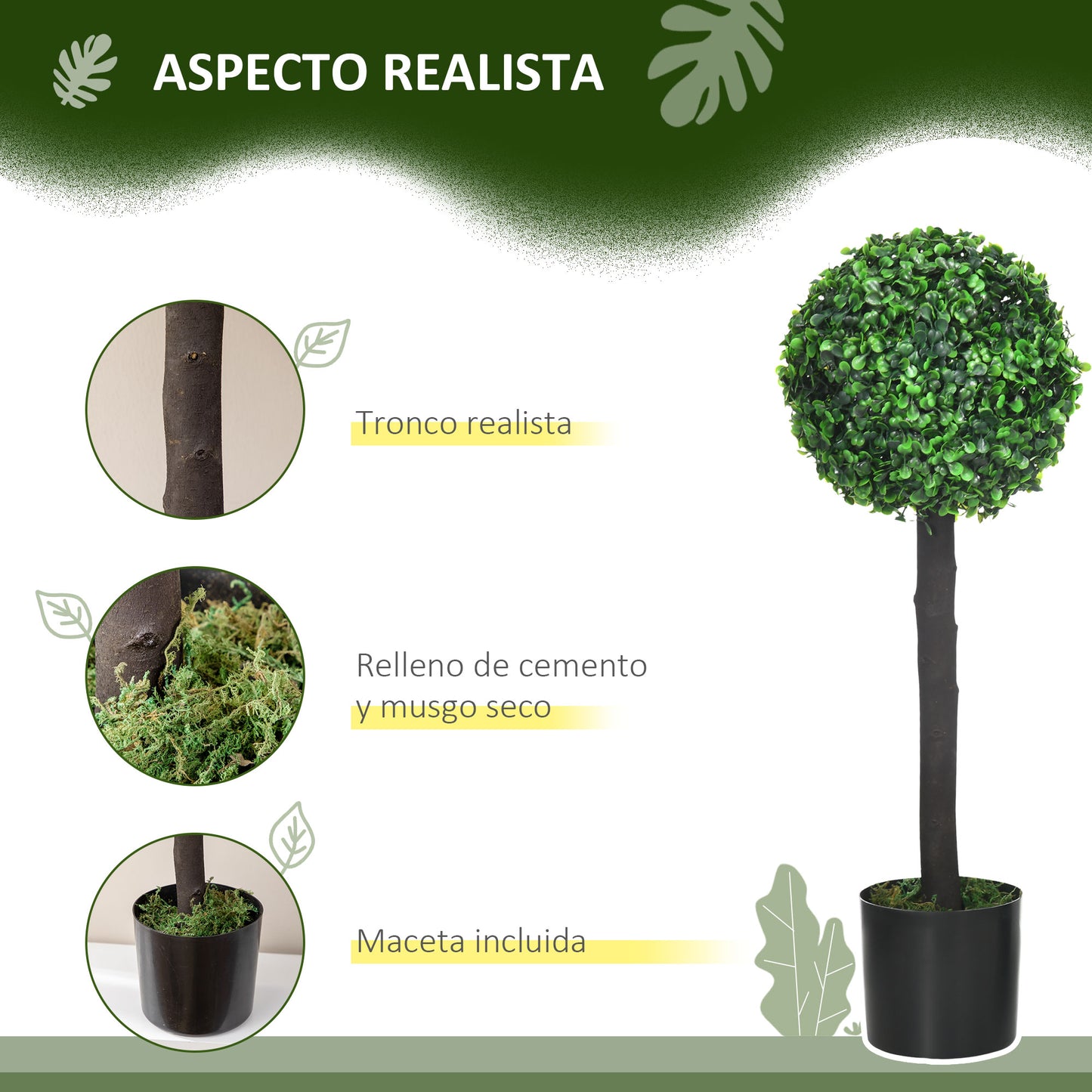 HOMCOM Juego de 2 Plantas Artificiales Decorativas 60 cm Árboles de Bolas de Boj en Macetas Plantas Falsas para Decoración Interior y Exterior del Hogar Ø20x60 cm Verde