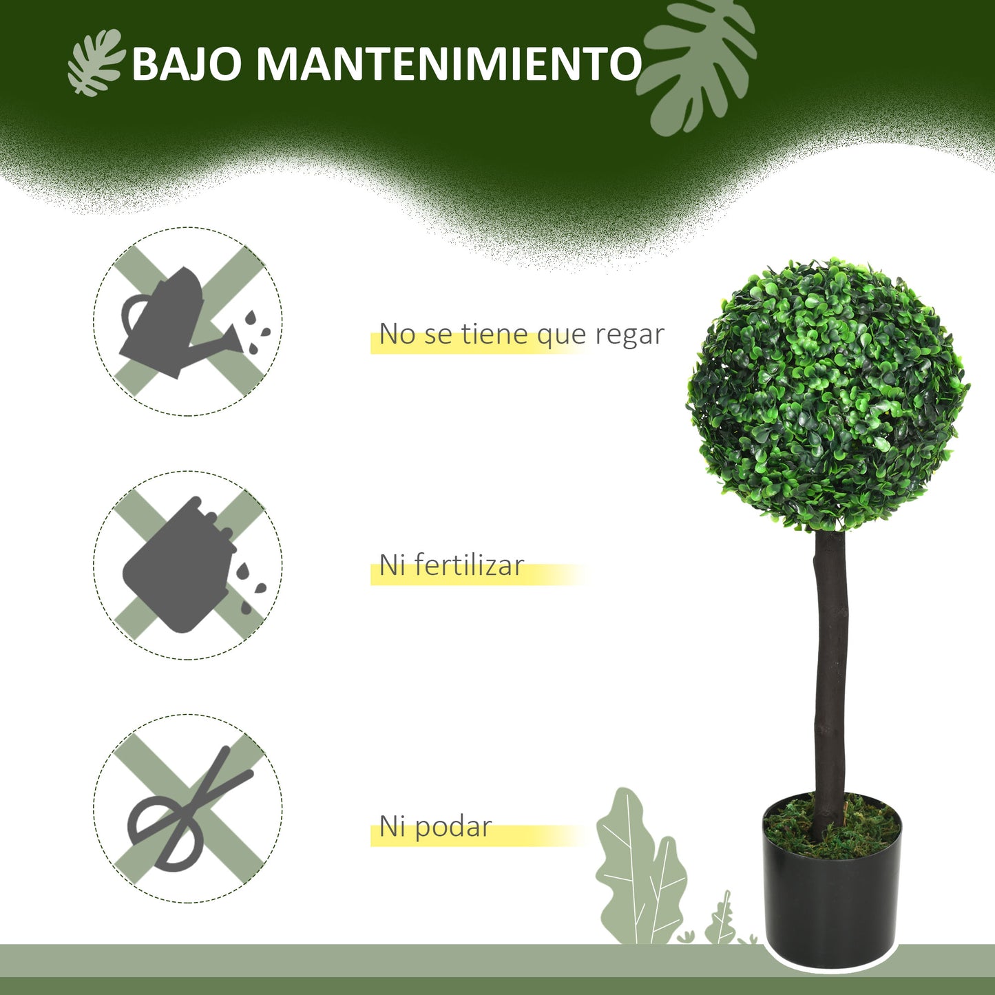 HOMCOM Juego de 2 Plantas Artificiales Decorativas 60 cm Árboles de Bolas de Boj en Macetas Plantas Falsas para Decoración Interior y Exterior del Hogar Ø20x60 cm Verde