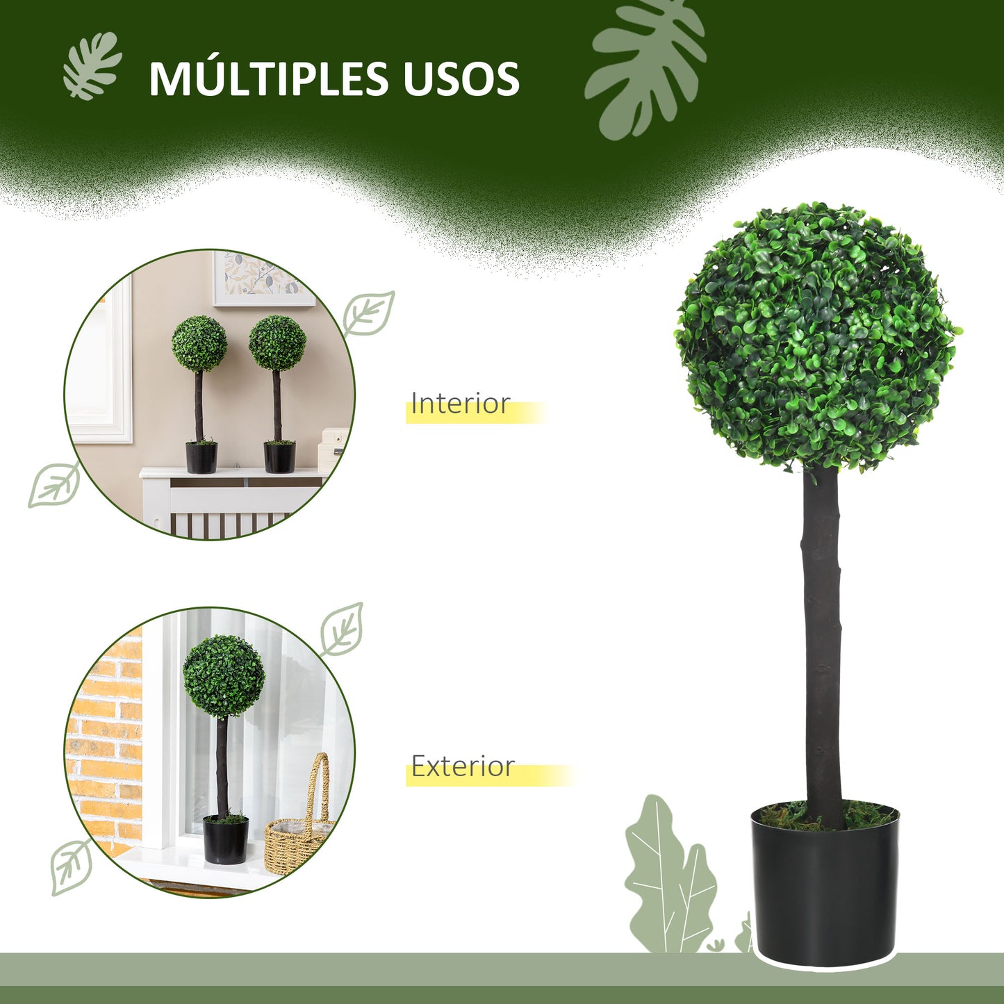 HOMCOM Juego de 2 Plantas Artificiales Decorativas 60 cm Árboles de Bolas de Boj en Macetas Plantas Falsas para Decoración Interior y Exterior del Hogar Ø20x60 cm Verde