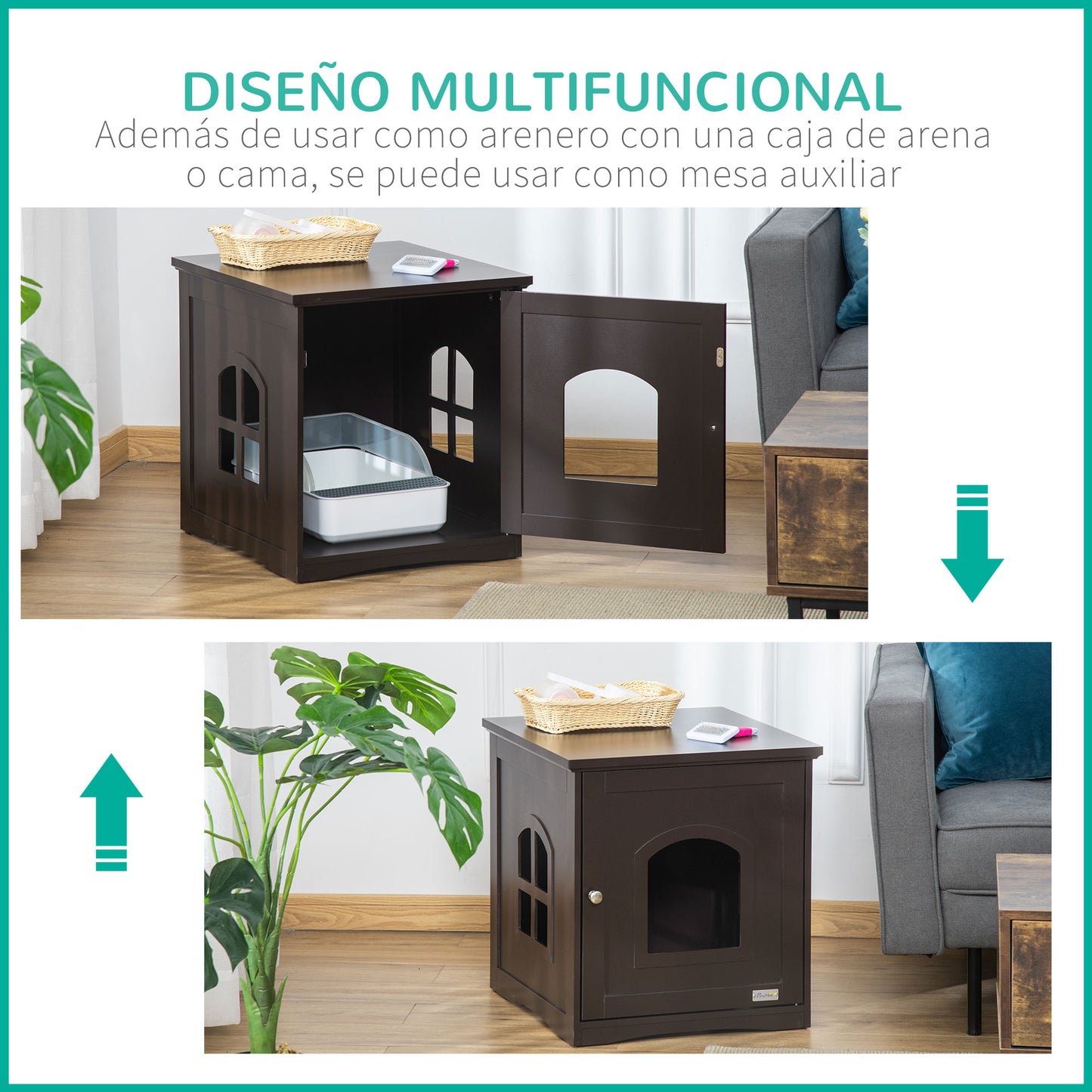 PawHut Mueble Arenero para Gatos 2 en 1 Casa para Gatos de Madera con Armario de Almacenaje Encimera Amplio Puerta y 2 Ventanas Cruzadas 48,7x53,3x53 cm Café