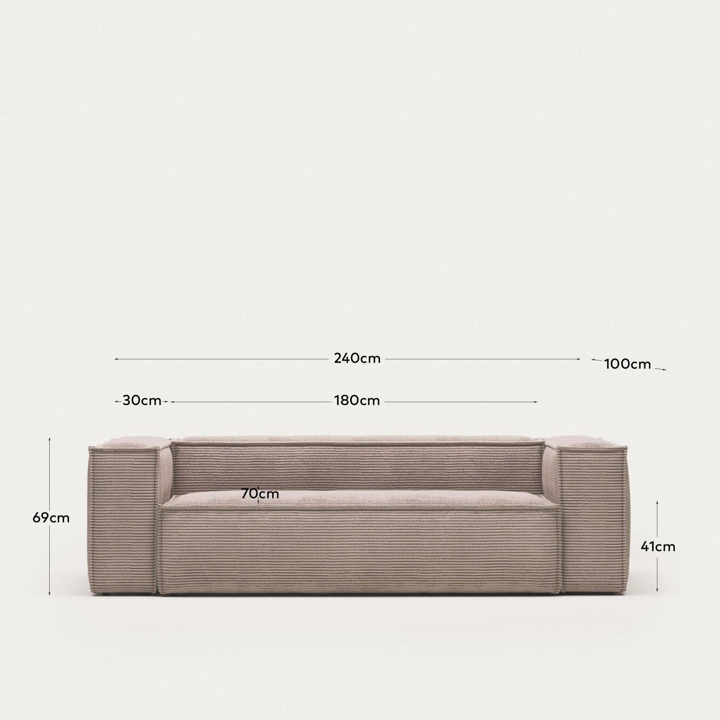 Sofá Blok 3 plazas pana gruesa rosa 240 cm