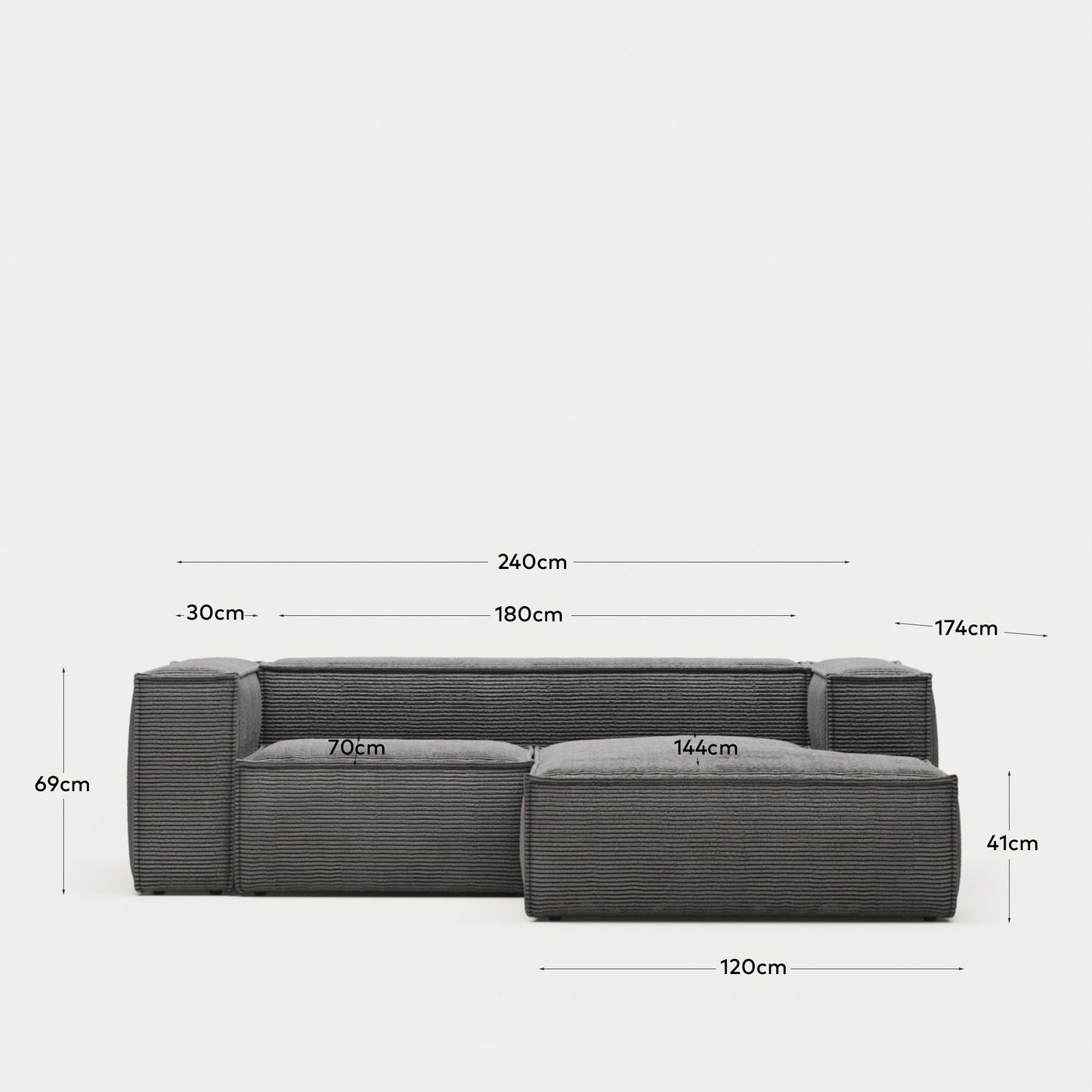 Sofá Blok 2 plazas chaise longue derecho pana gruesa gris 240 cm