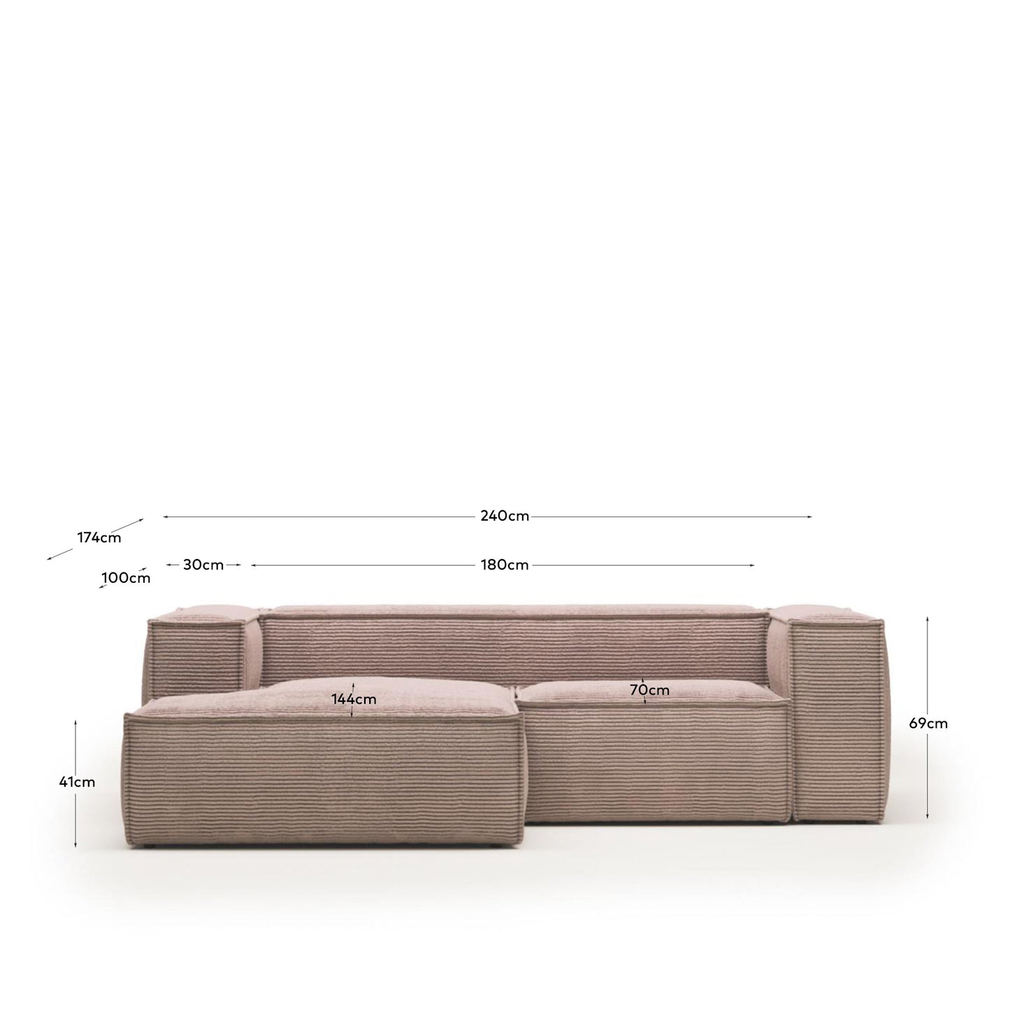 Sofá Blok 2 plazas chaise longue izquierdo pana gruesa rosa 240 cm