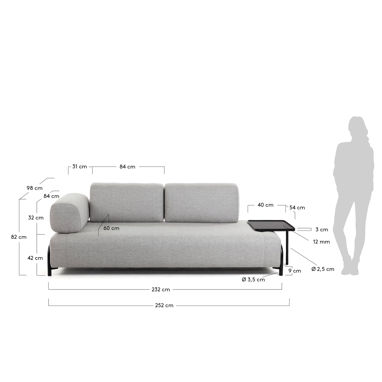 Sofá Compo 3 plazas beige con bandeja grande 252 cm