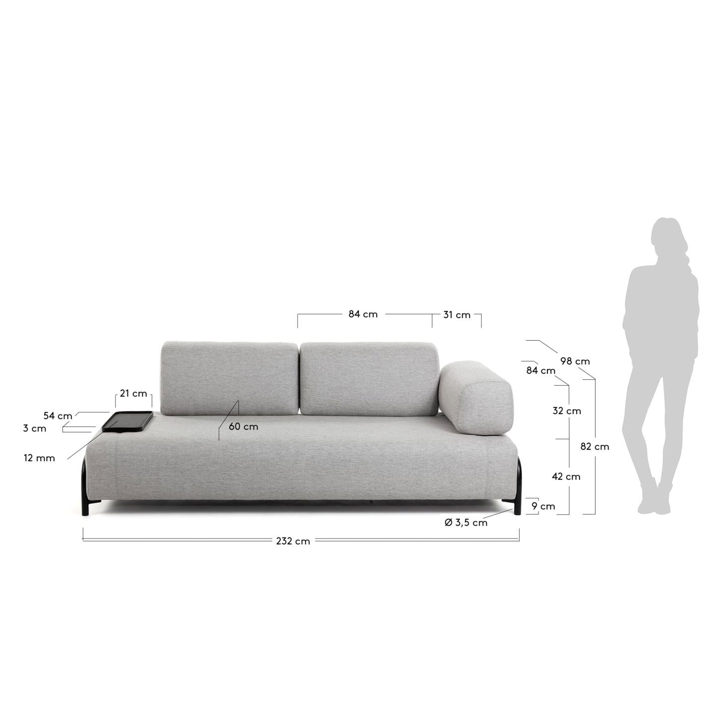 Sofá Compo 3 plazas beige con bandeja pequeña 232 cm