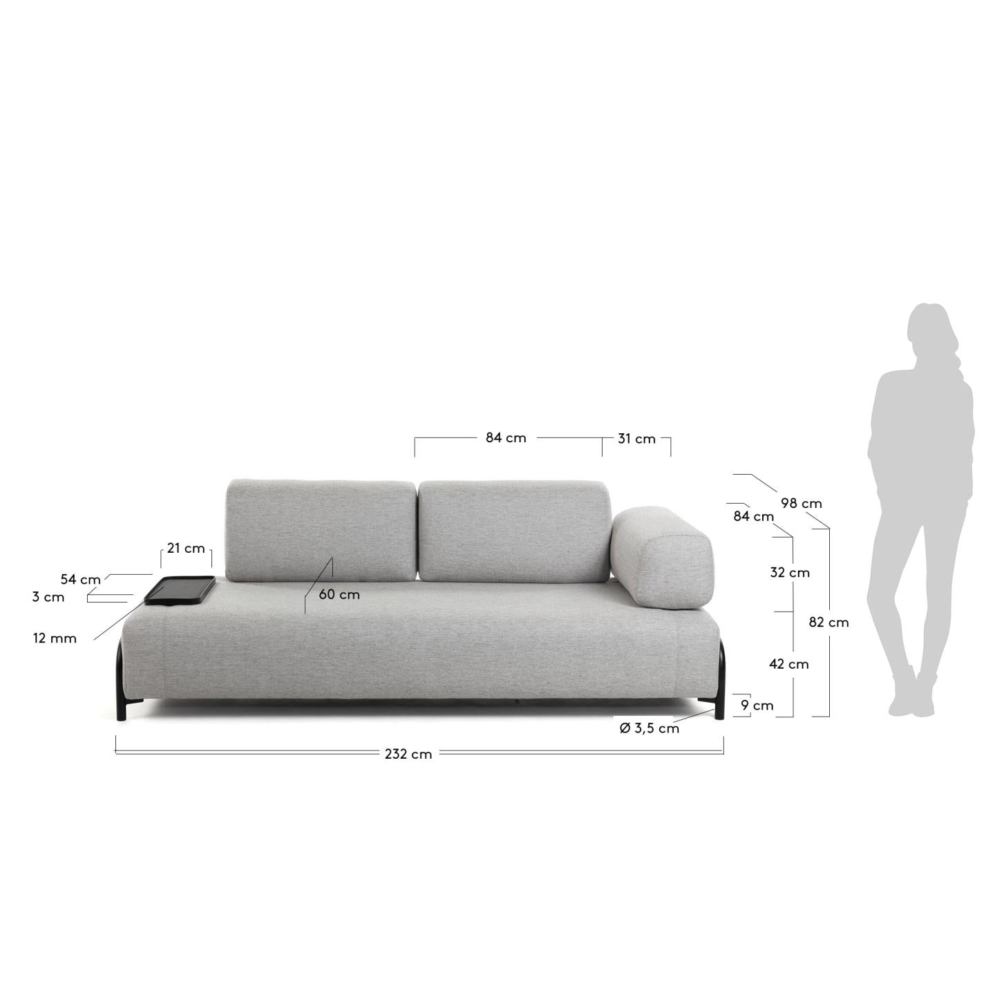 Sofá Compo 3 plazas gris claro con bandeja pequeña 232 cm