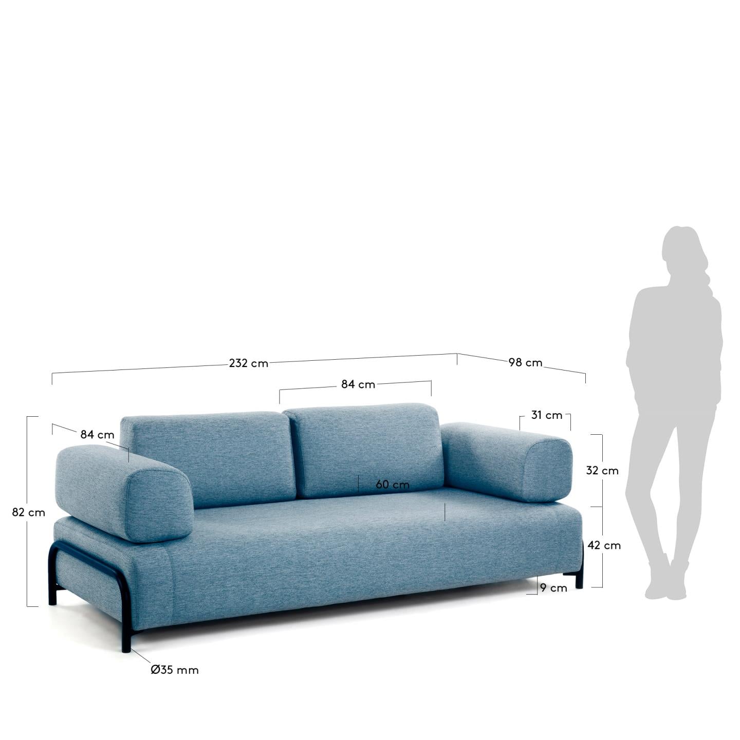 Sofá Compo 3 plazas azul 232 cm