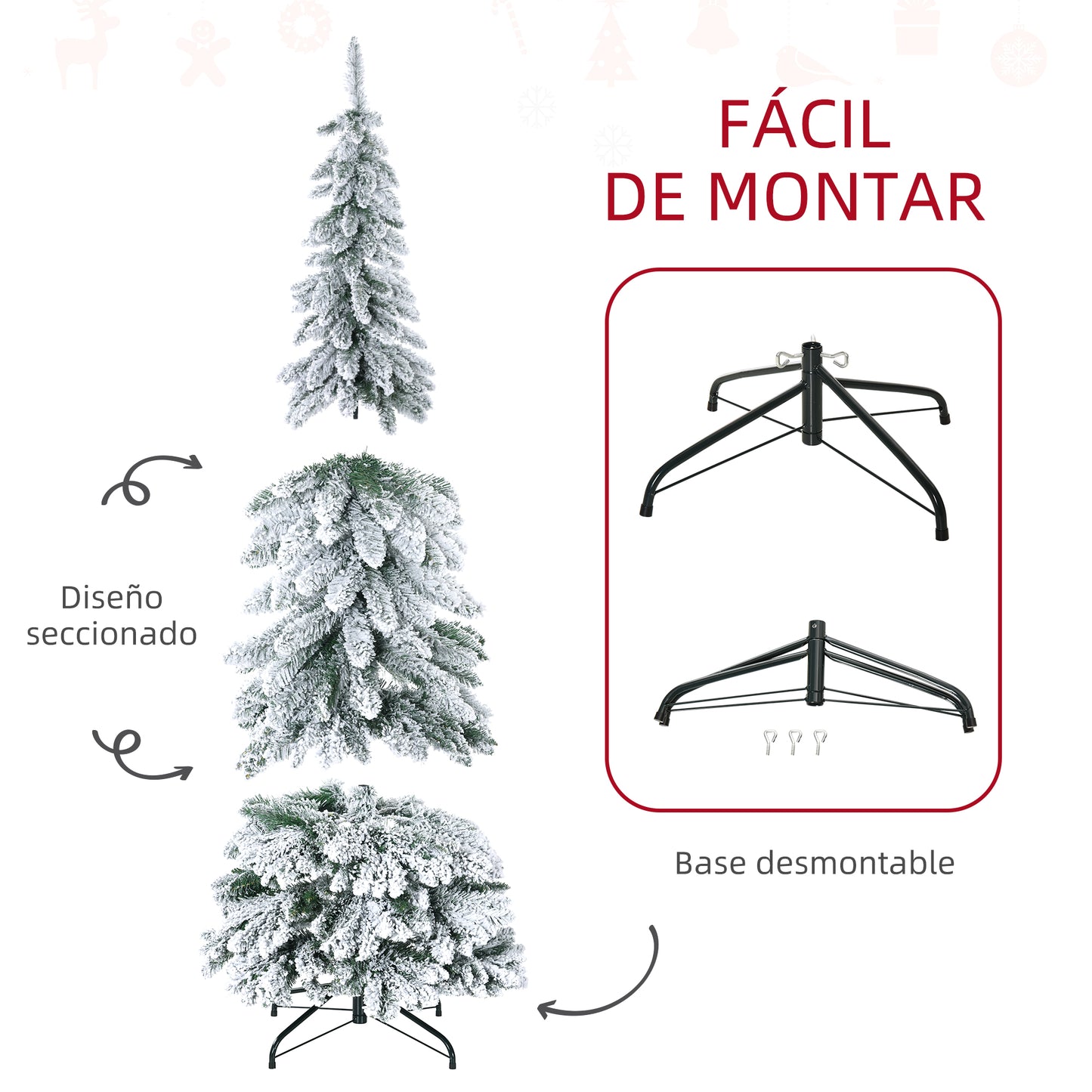 HOMCOM Árbol de Navidad Artificial 180 cm Árbol de Navidad Nevado con 523 Ramas Soporte de Acero Plegable Decoración para Hogar Fiestas Verde