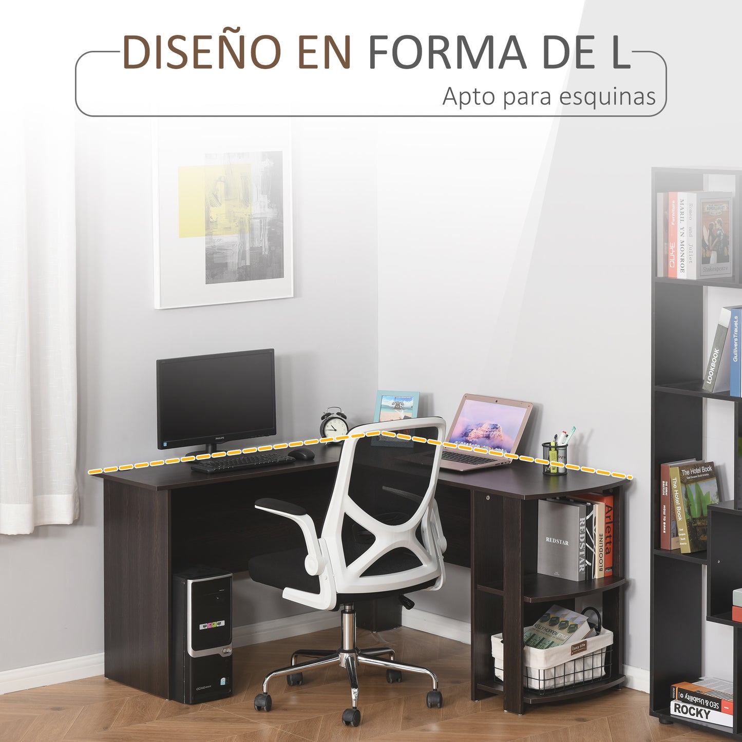 HOMCOM Mesa de Ordenador PC Escritorio para Oficina Hogar Tipo Esquinera Forma L con Estantes 136x130x72cm Madera