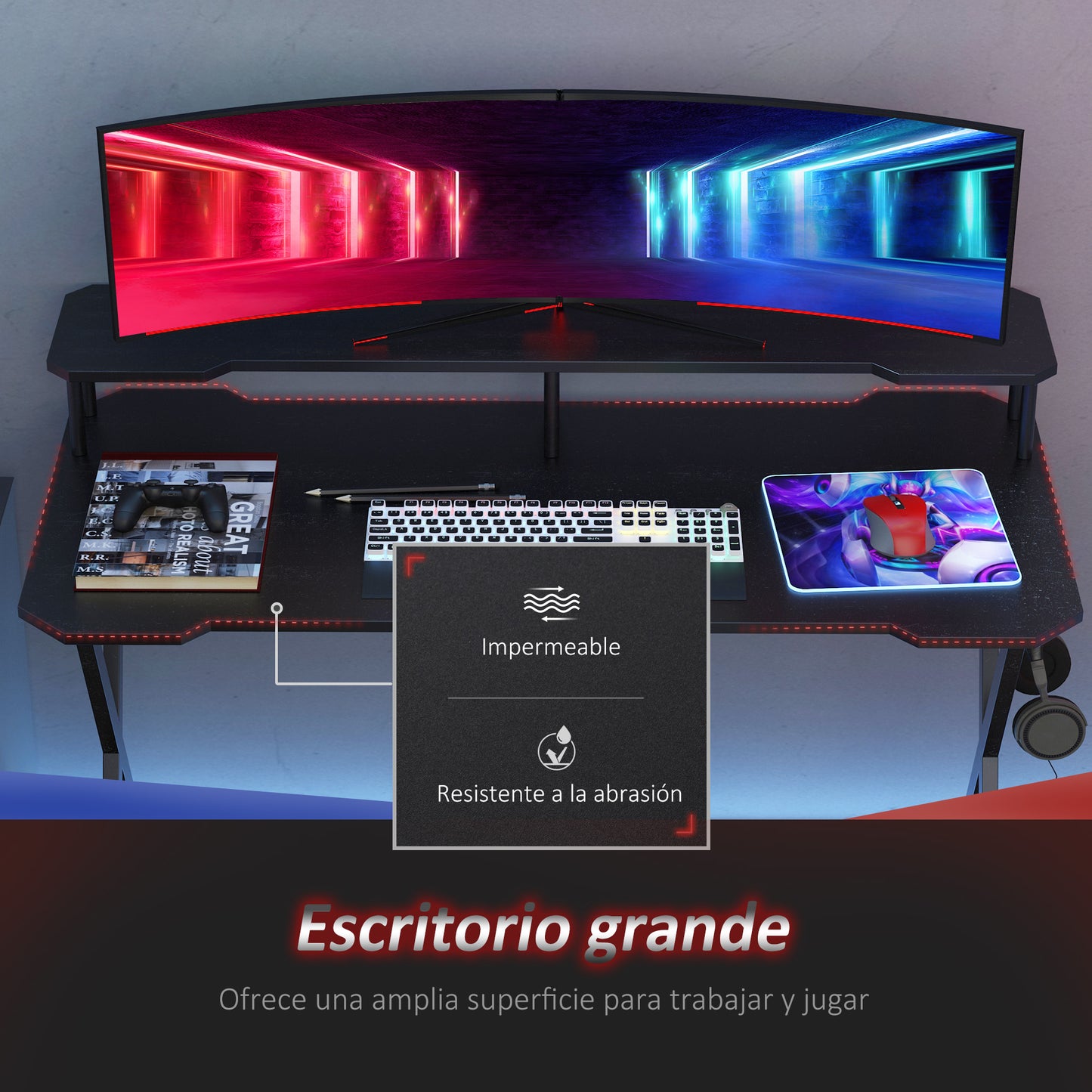 HOMCOM Mesa Gaming 140x60 cm Escritorio para Computadora PC con Estante Elevado para Monitor Gancho para Auriculares Marco de Metal para Oficina en Casa Estudio Negro